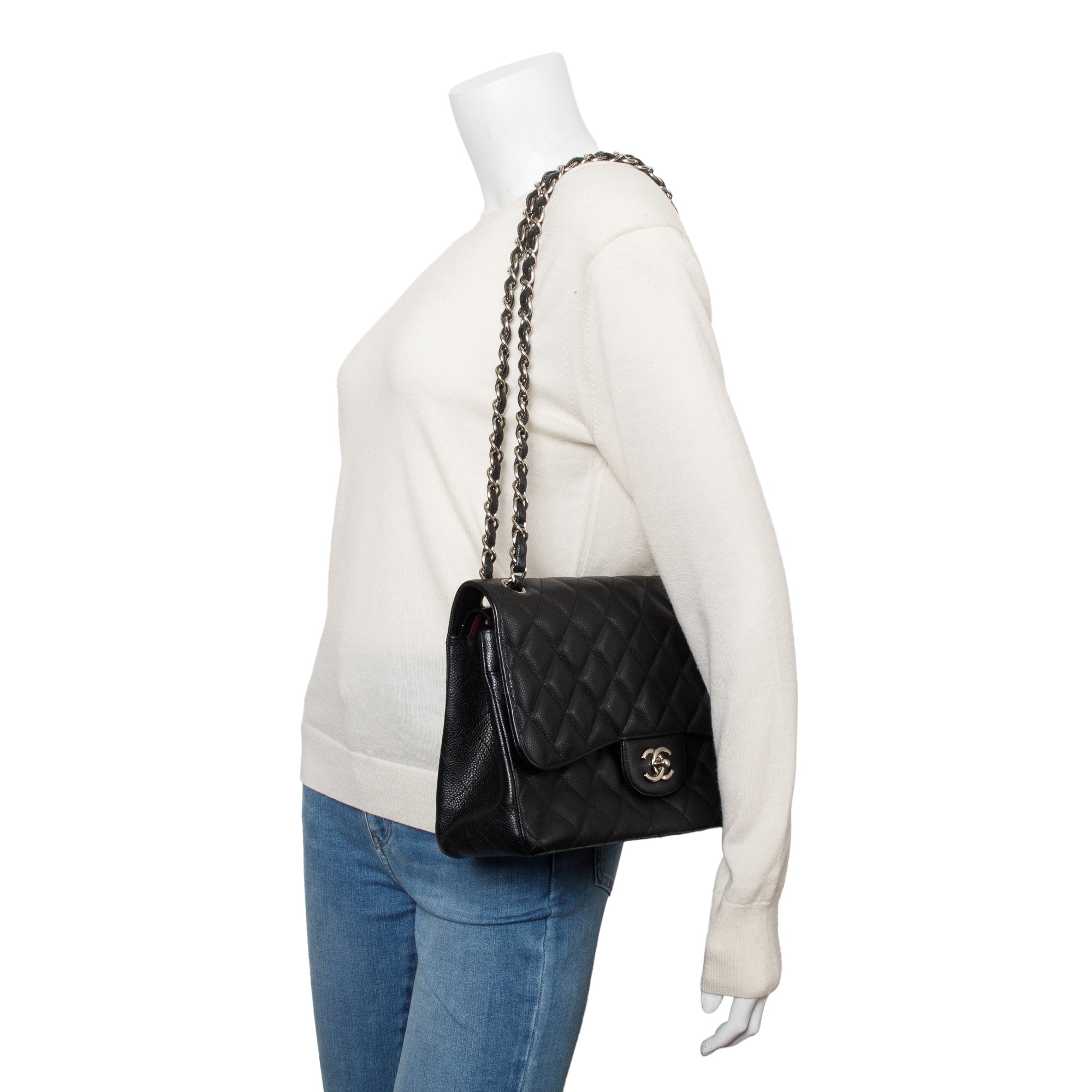 Chanel Black Quilted Caviar Leather Classic Jumbo Double Flap Bag