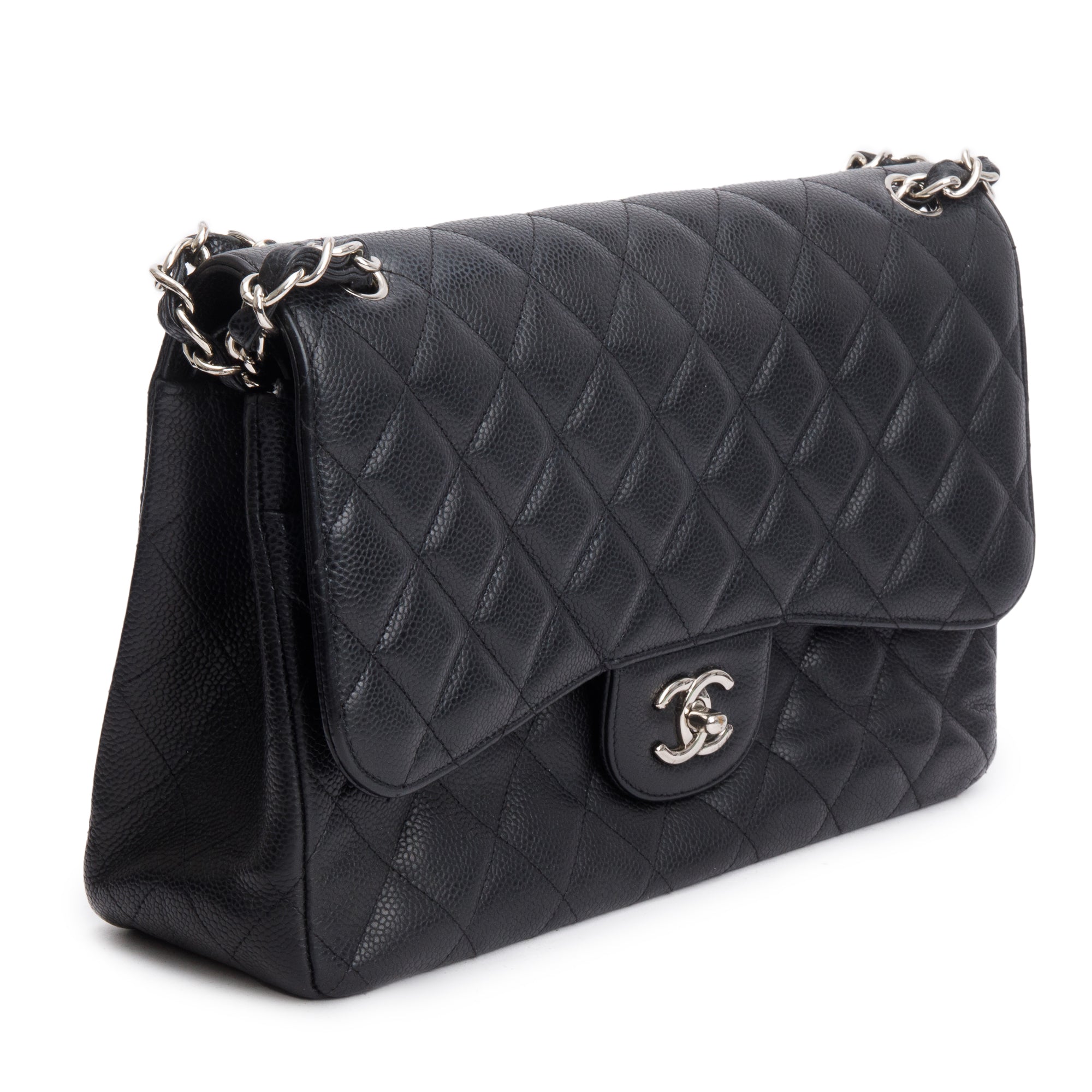Chanel Black Quilted Caviar Leather Classic Jumbo Double Flap Bag