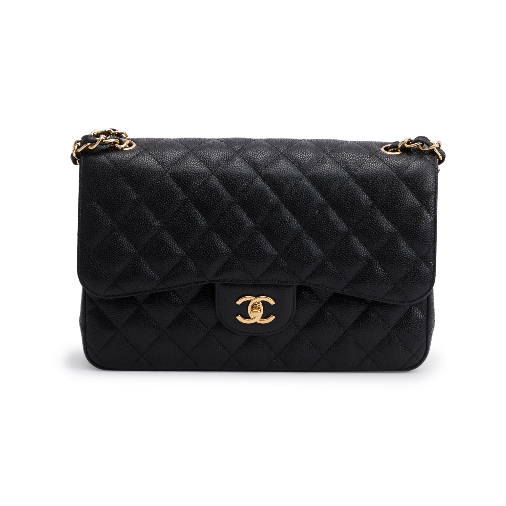 Chanel Black Quilted Caviar Leather Classic Jumbo Double Flap Bag w/ Authenticity Card