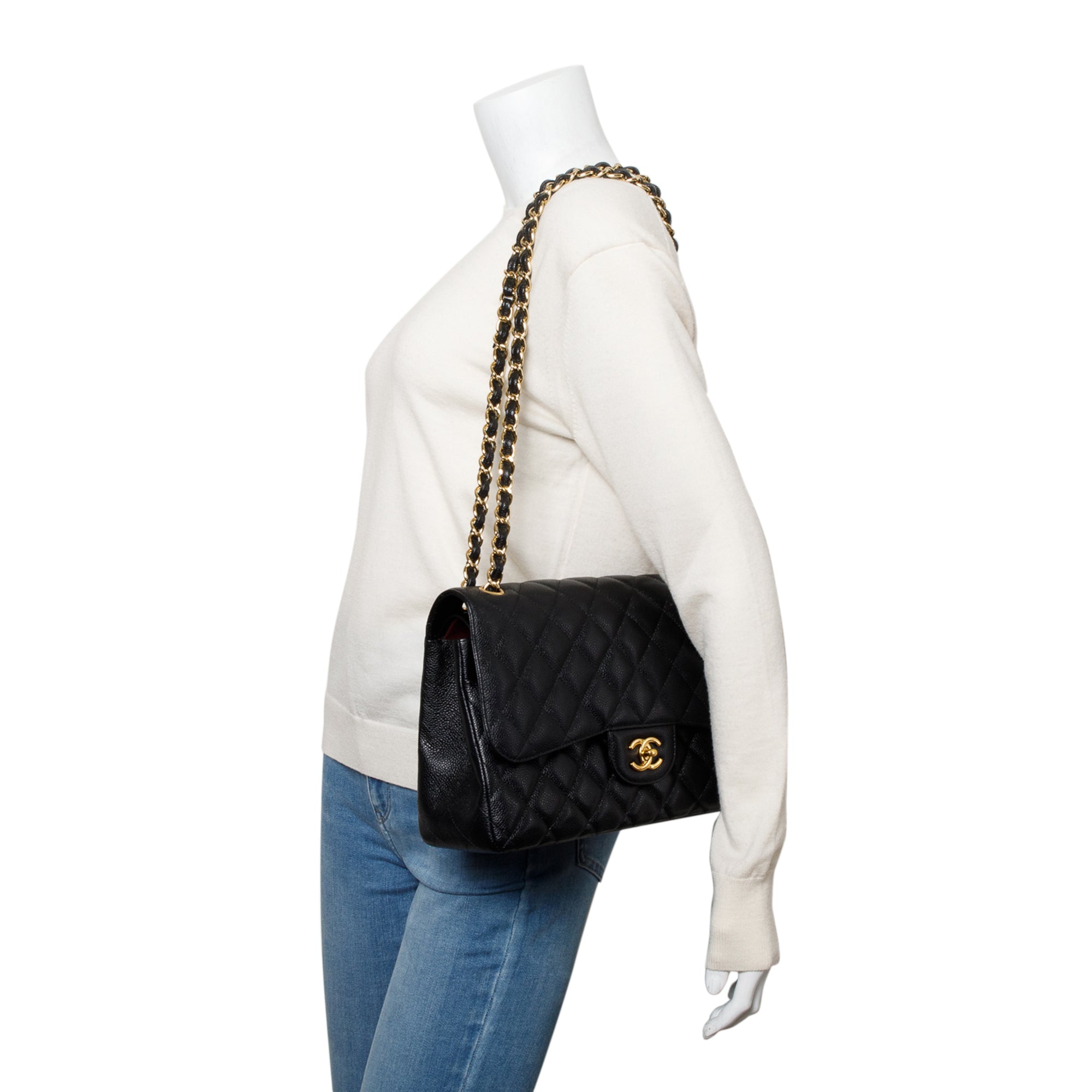 Chanel Black Quilted Caviar Leather Classic Jumbo Double Flap Bag w/ Box