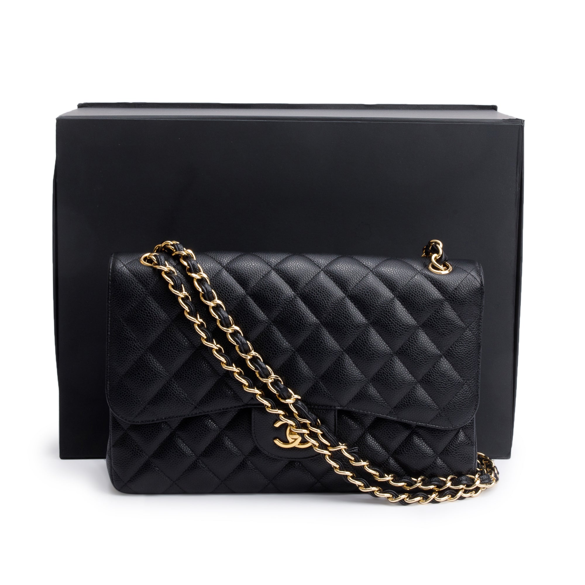 Chanel Black Quilted Caviar Leather Classic Jumbo Double Flap Bag w/ Box