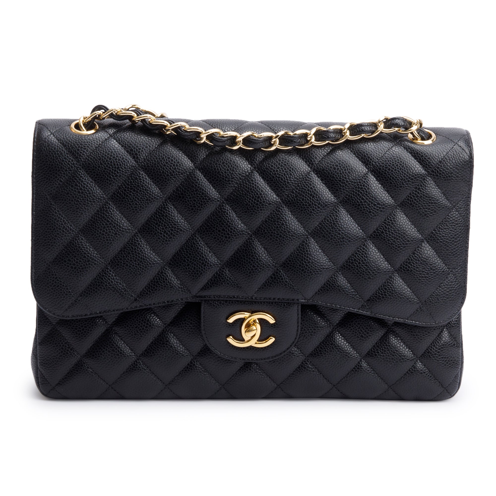 Chanel Black Quilted Caviar Leather Classic Jumbo Double Flap Bag w/ Box