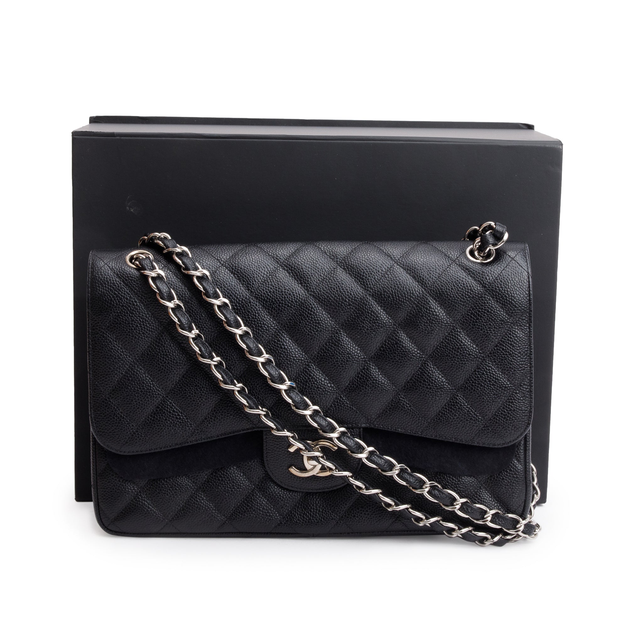Chanel Black Quilted Caviar Leather Classic Jumbo Double Flap Bag w/ Box & Authenticity Card