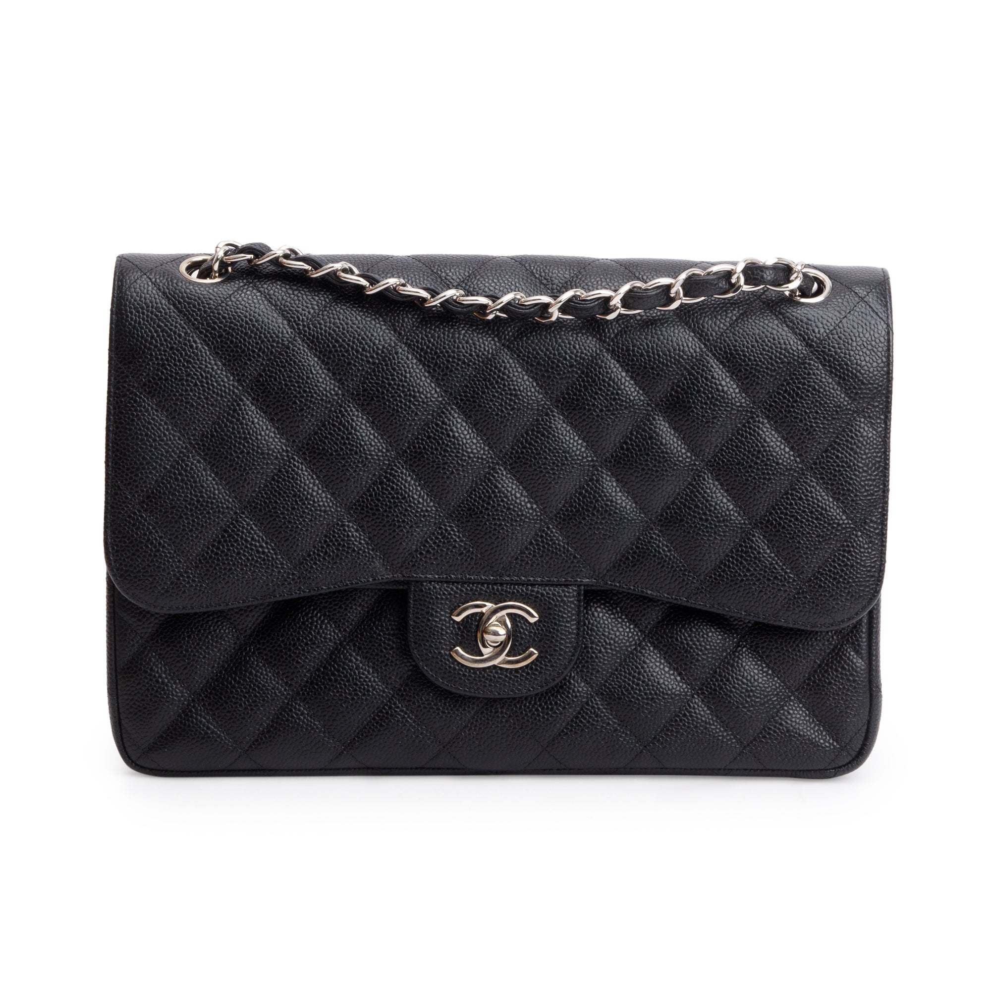 Chanel Black Quilted Caviar Leather Classic Jumbo Double Flap Bag w/ Box & Authenticity Card