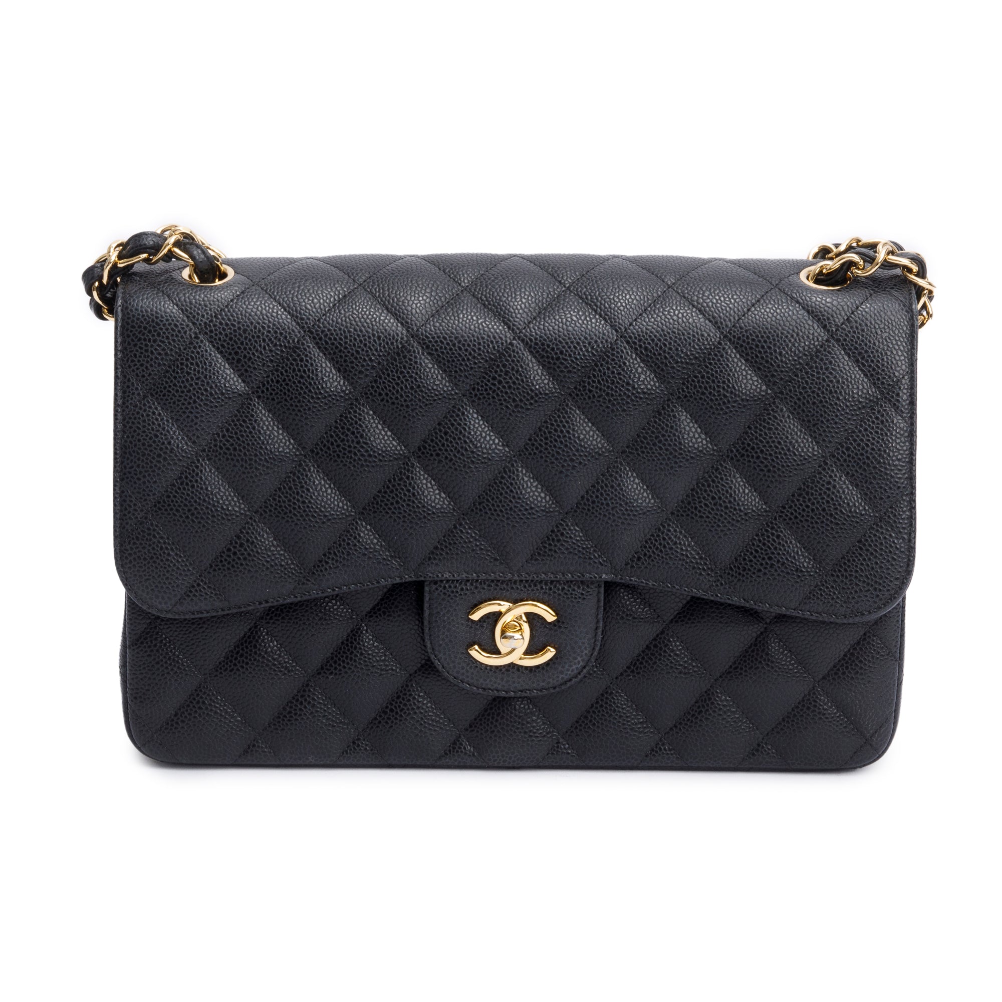 Chanel Black Quilted Caviar Leather Classic Jumbo Double Flap Bag w/ Box & Authenticity Card