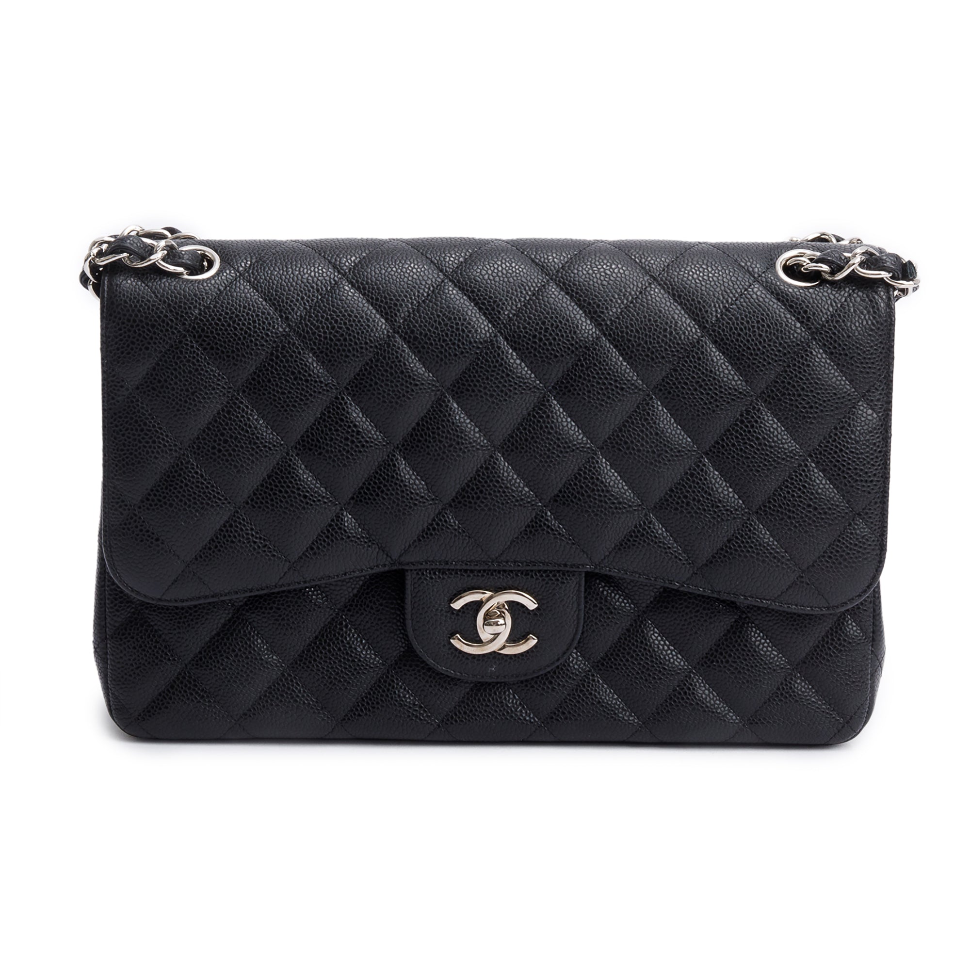Chanel Black Quilted Caviar Leather Classic Jumbo Double Flap Bag w/ Box & Authenticity Card