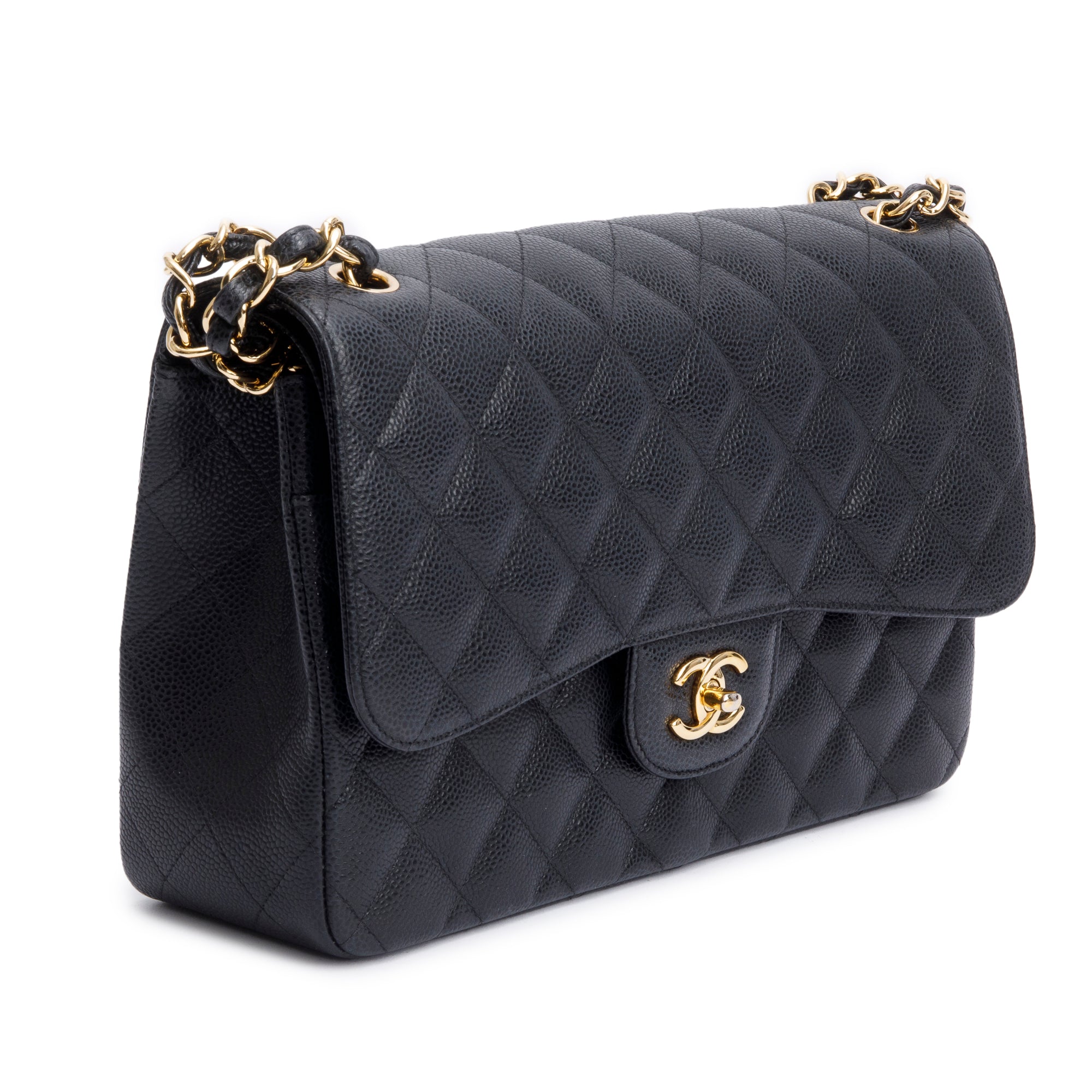 Chanel Black Quilted Caviar Leather Classic Jumbo Double Flap Bag w/ Box & Authenticity Card
