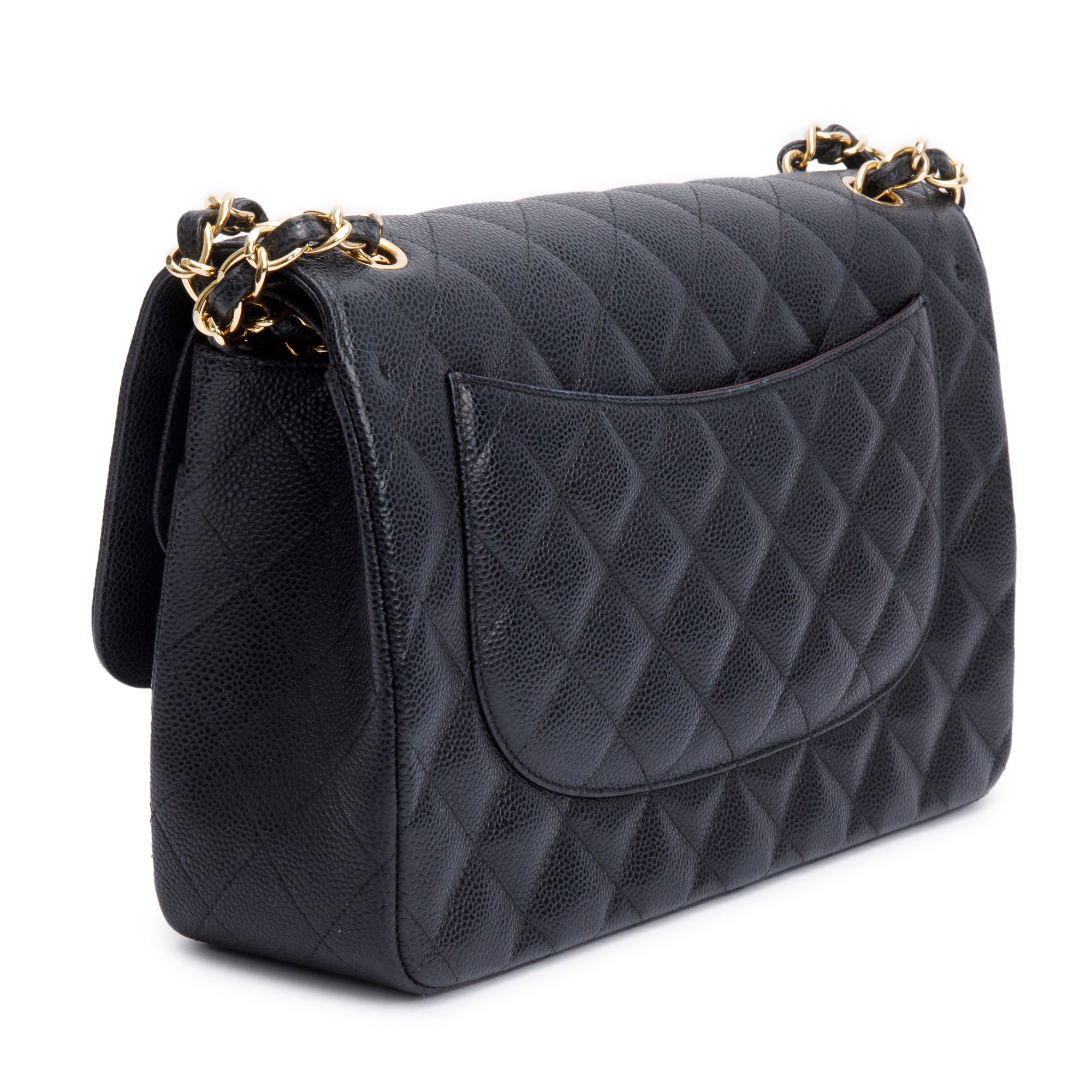 Chanel Black Quilted Caviar Leather Classic Jumbo Double Flap Bag w/ Box & Authenticity Card
