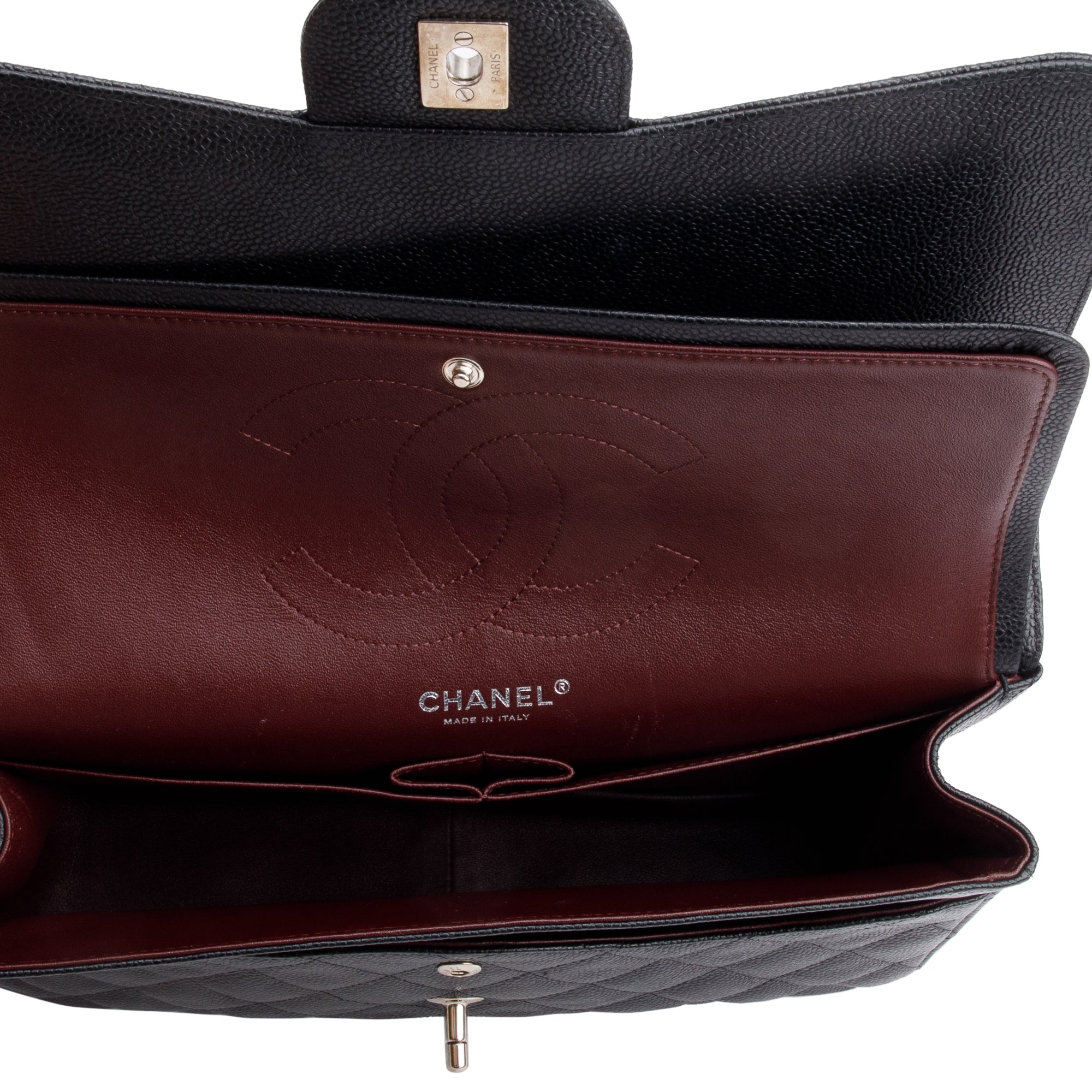 Chanel Black Quilted Caviar Leather Classic Jumbo Double Flap Bag w/ Box & Authenticity Card