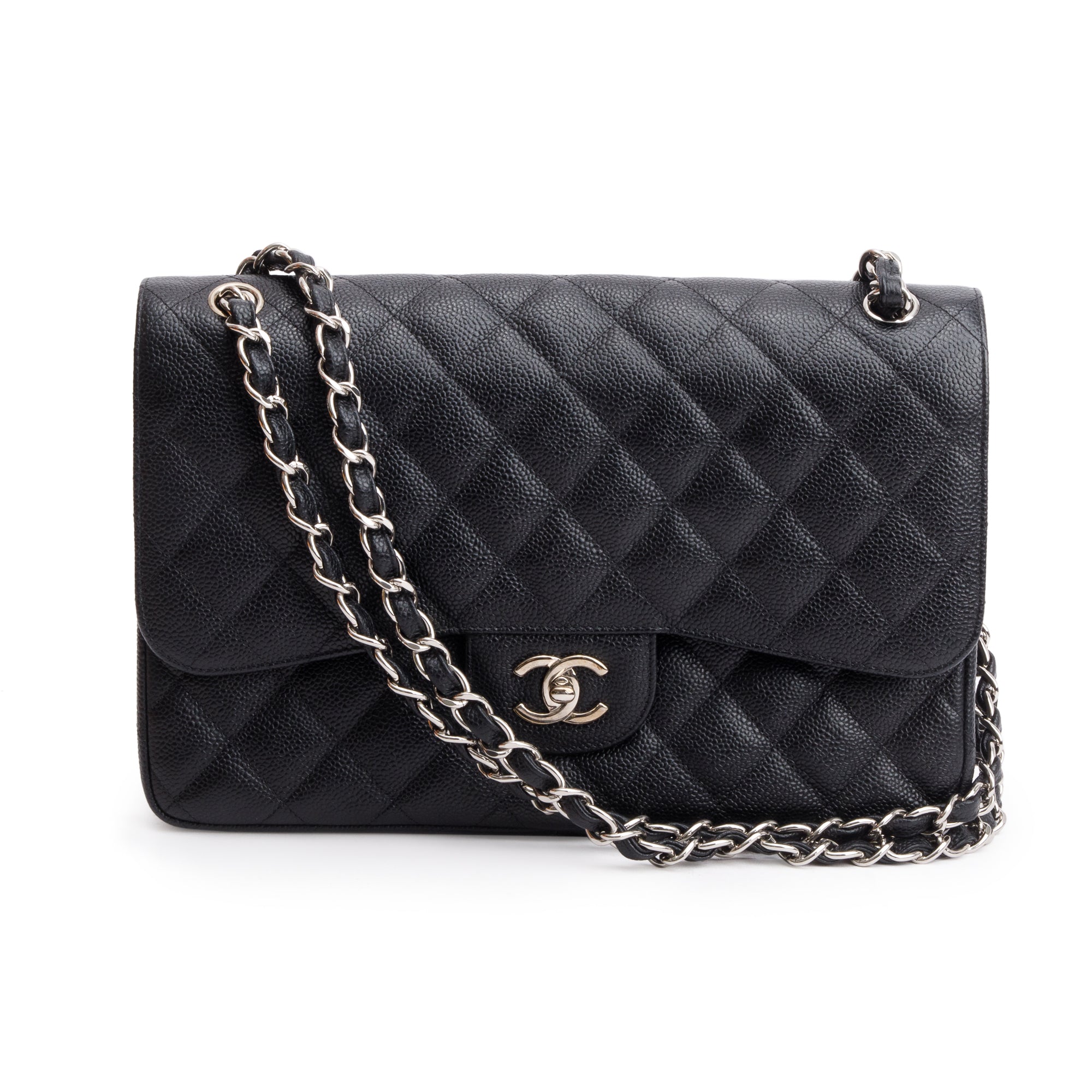 Chanel Black Quilted Caviar Leather Classic Jumbo Double Flap Bag w/ Box & Authenticity Card