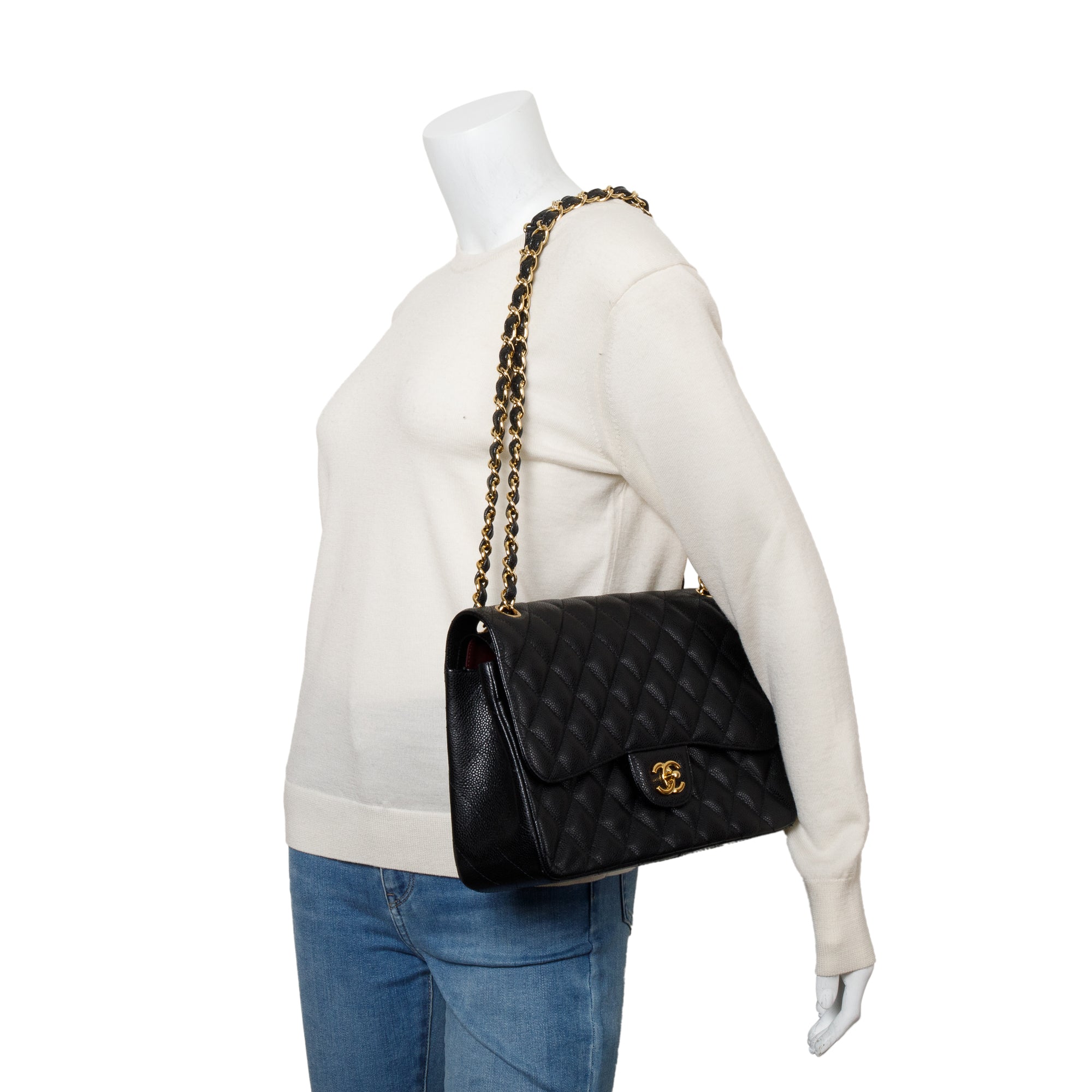 Chanel Black Quilted Caviar Leather Classic Jumbo Double Flap Bag w/ Receipt