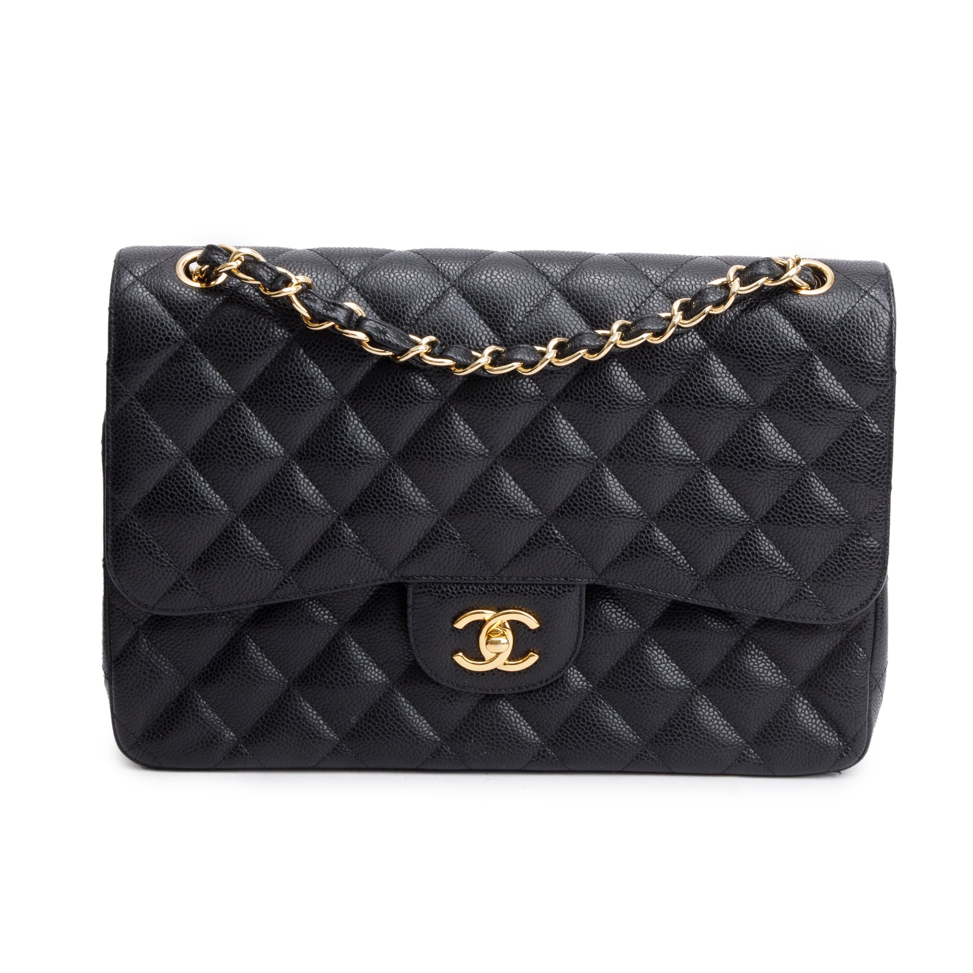 Chanel Black Quilted Caviar Leather Classic Jumbo Double Flap Bag w/ Receipt