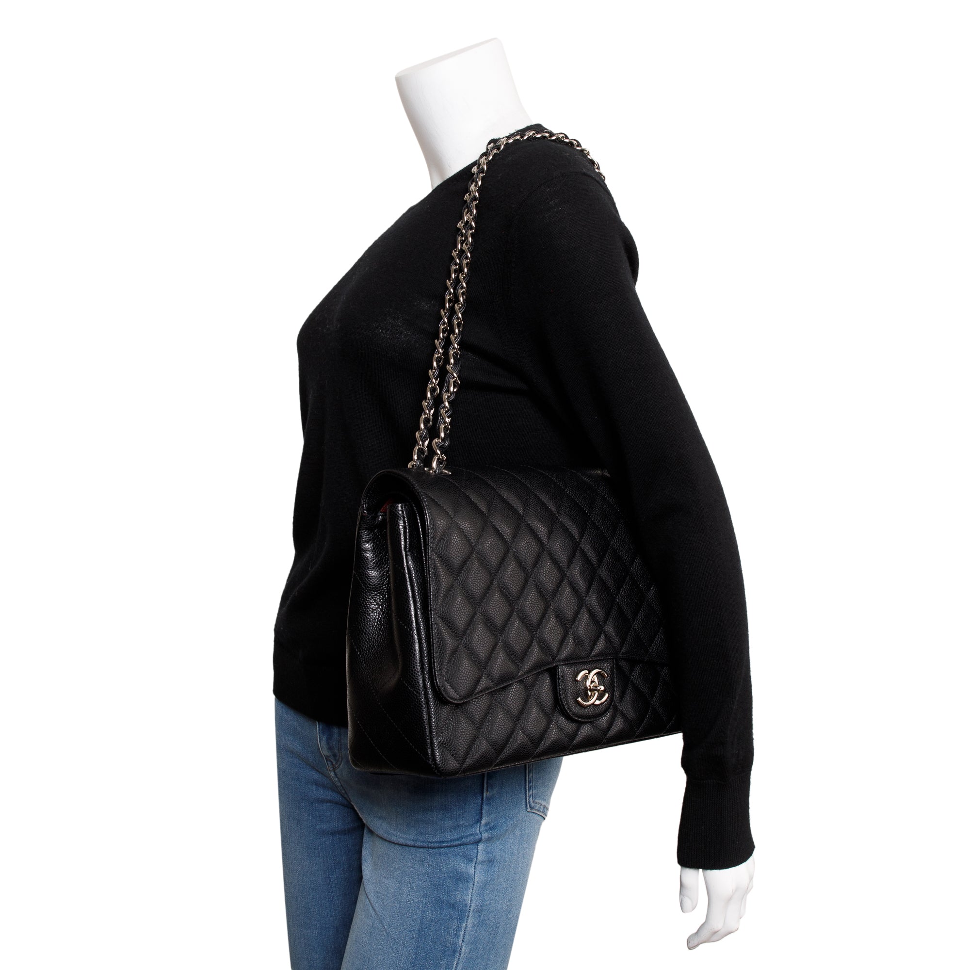 Chanel Black Quilted Caviar Leather Classic Maxi Double Flap Bag w/ Authenticity Card