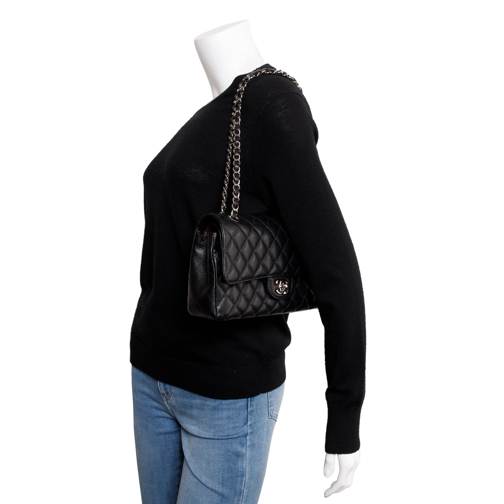 Chanel Black Quilted Caviar Leather Classic Medium Double Flap Bag w/ Authenticity Card