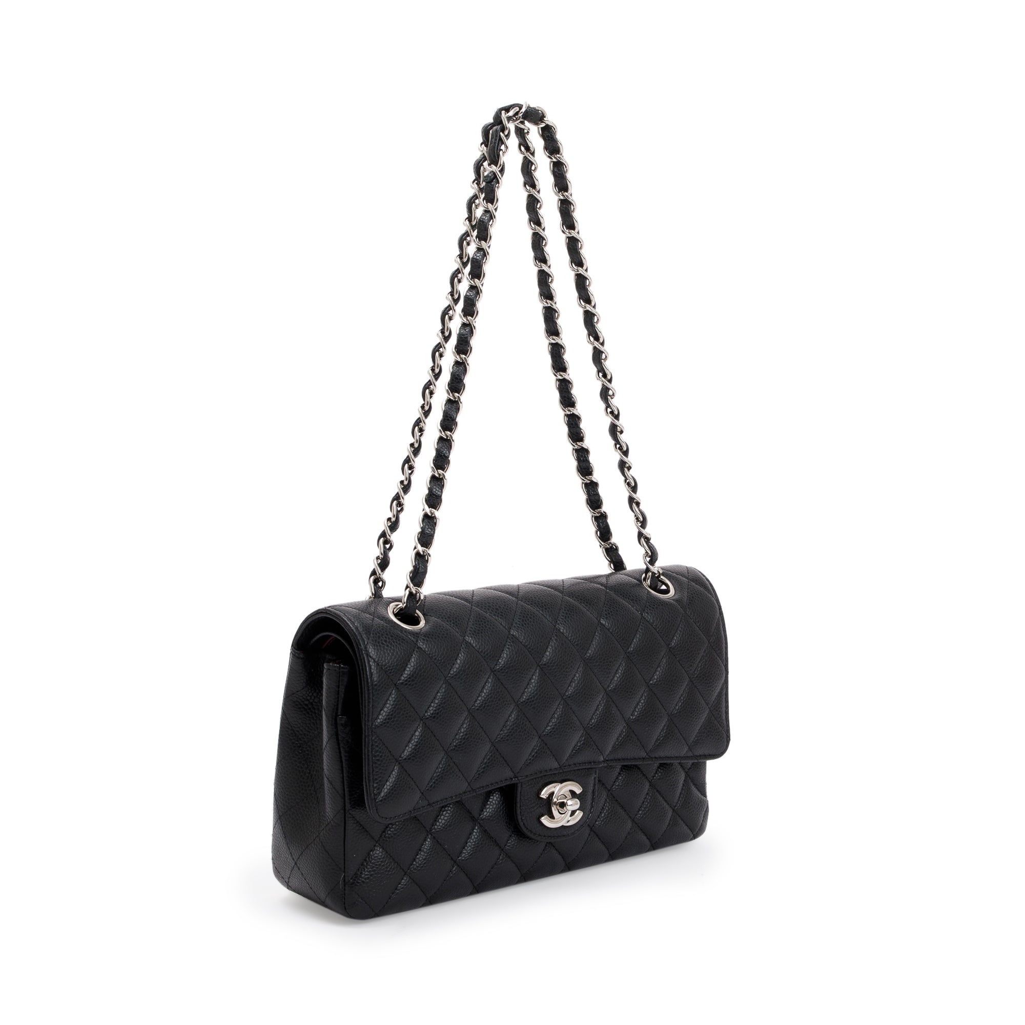 Chanel Black Quilted Caviar Leather Classic Medium Double Flap Bag w/ Authenticity Card