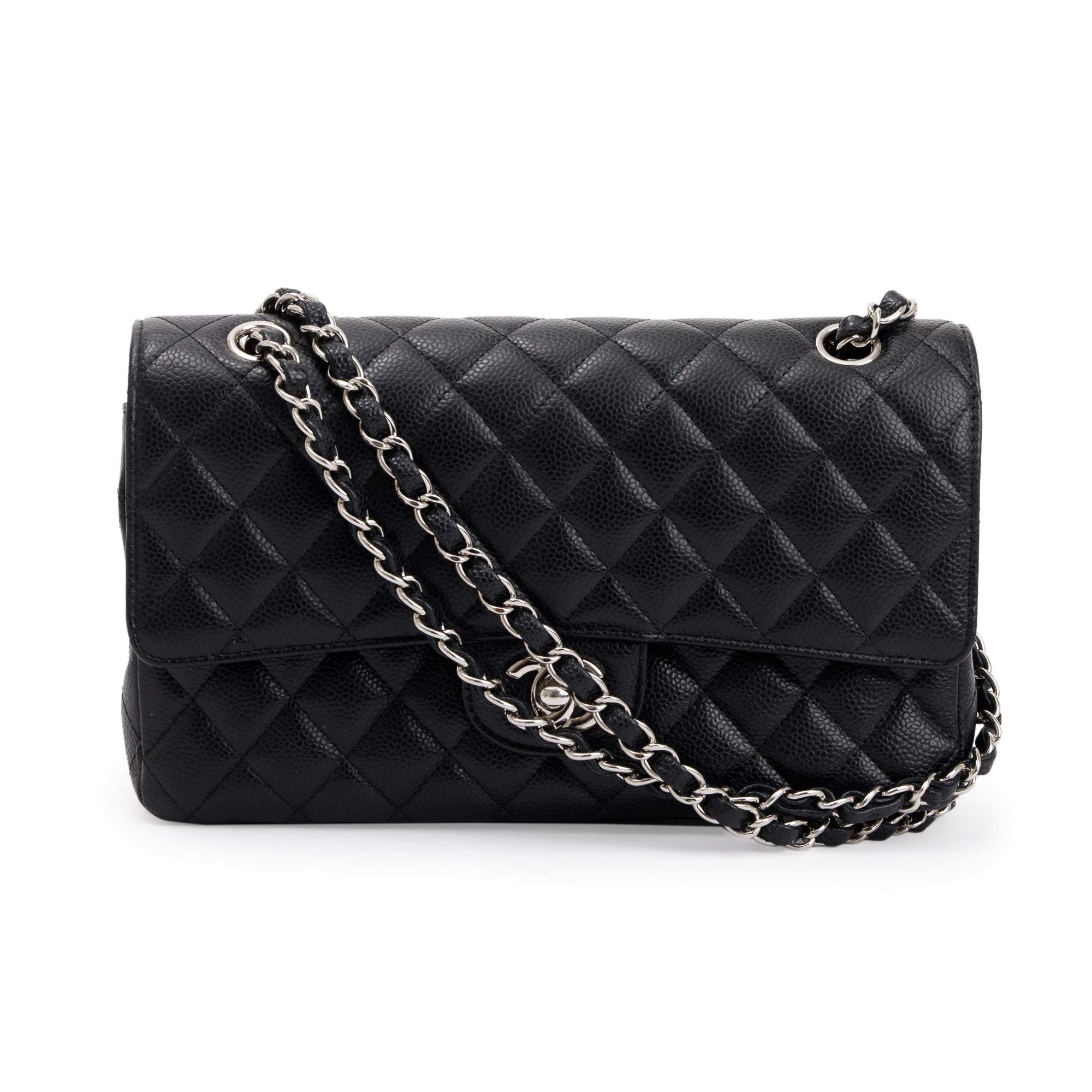 Chanel Black Quilted Caviar Leather Classic Medium Double Flap Bag w/ Authenticity Card