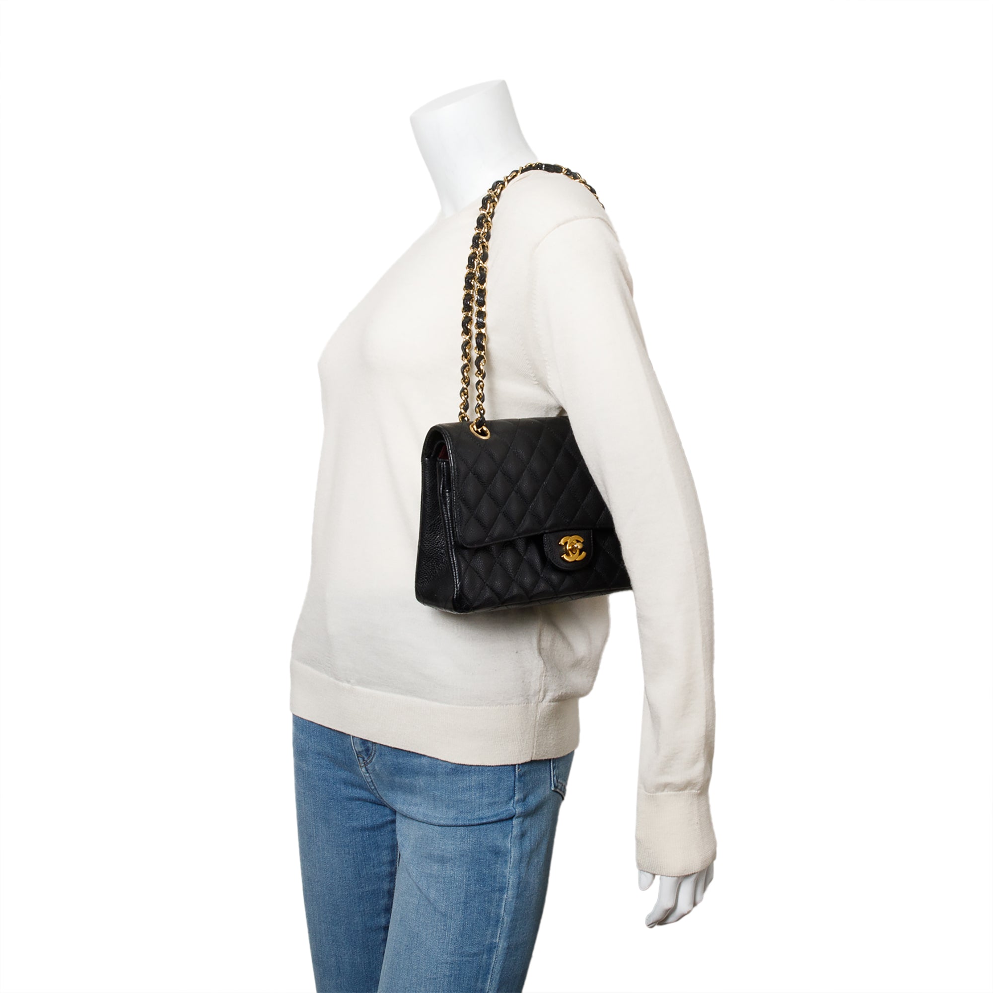 Chanel Black Quilted Caviar Leather Classic Medium Double Flap Bag w/ Box