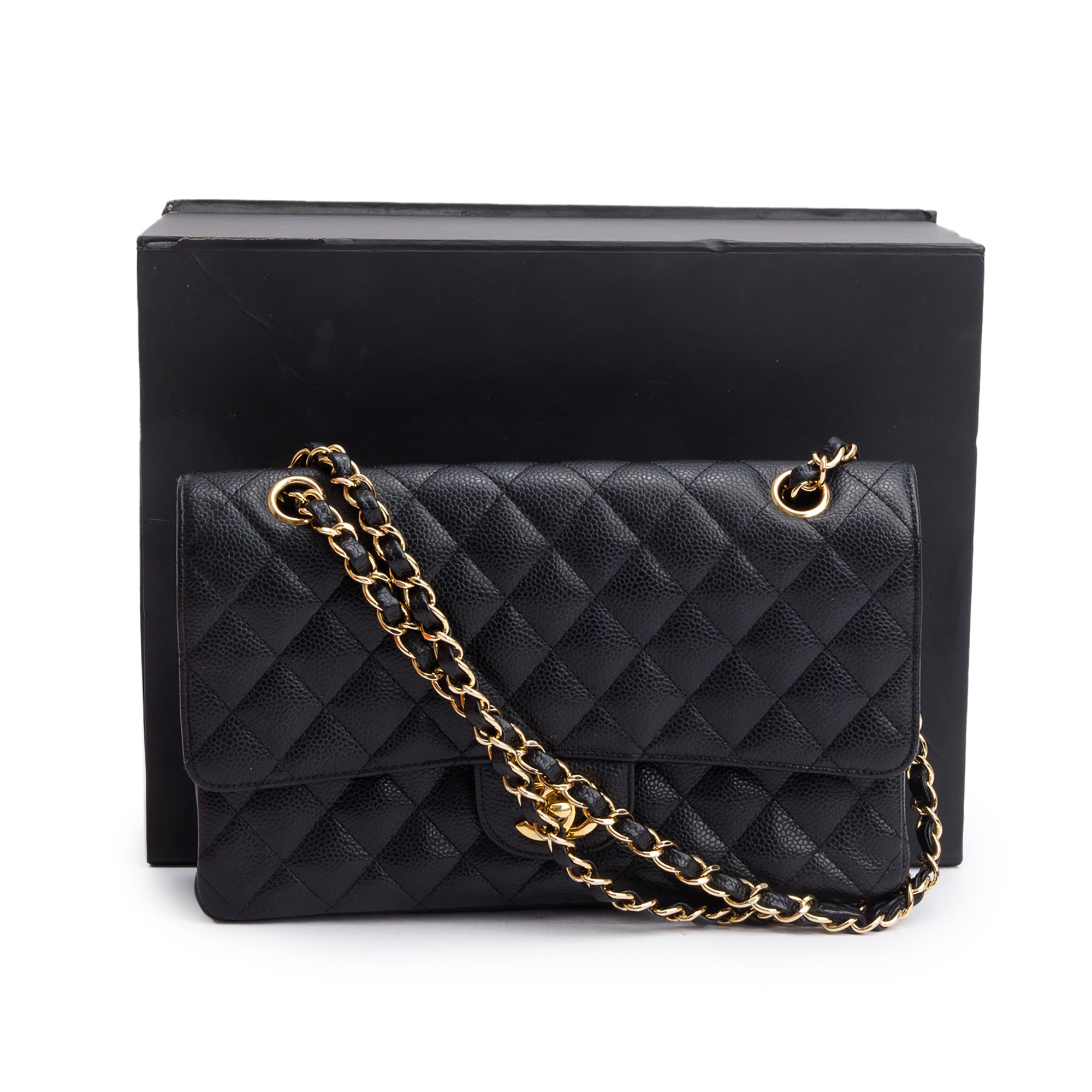 Chanel Black Quilted Caviar Leather Classic Medium Double Flap Bag w/ Box