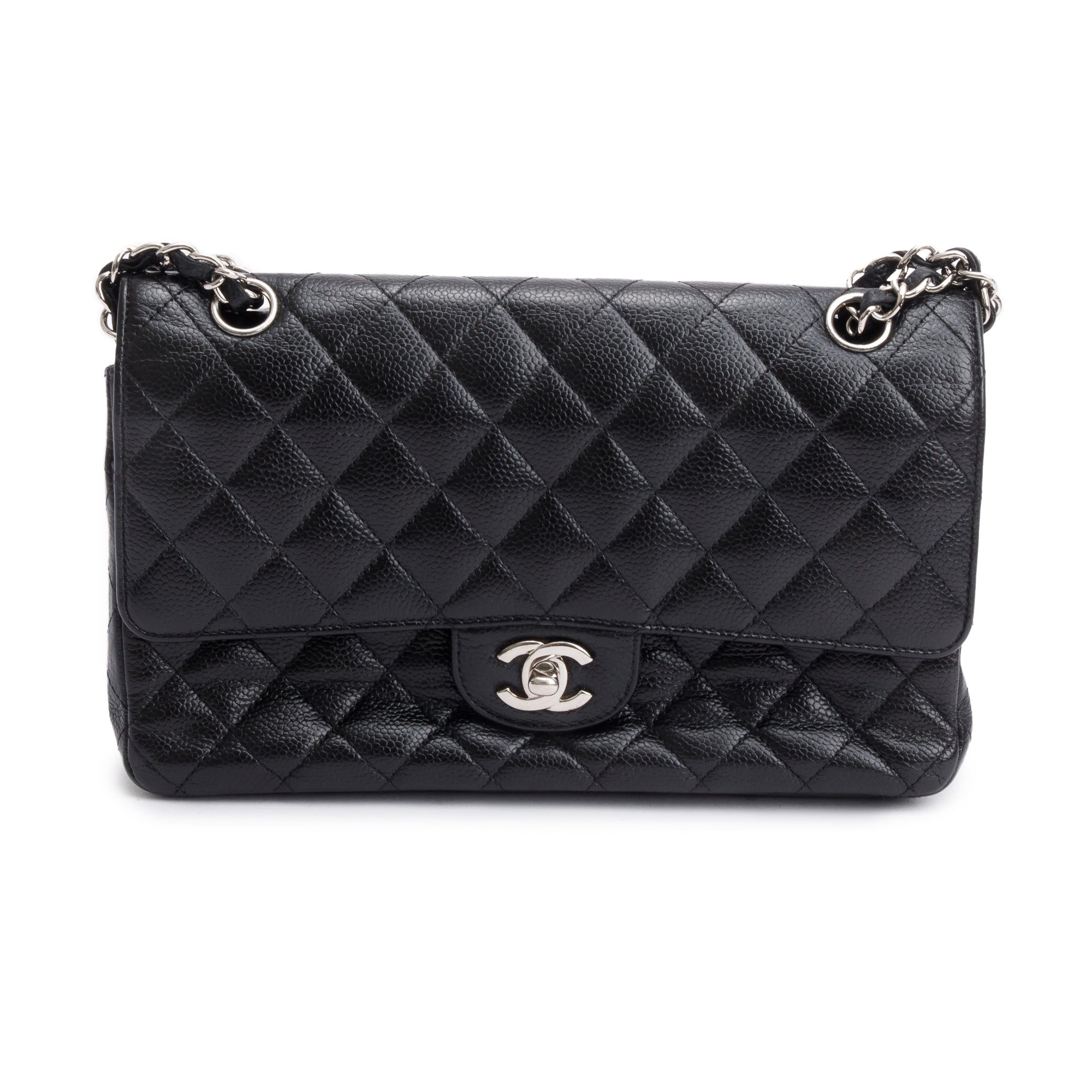 Chanel Black Quilted Caviar Leather Classic Medium Double Flap Bag w/ Box