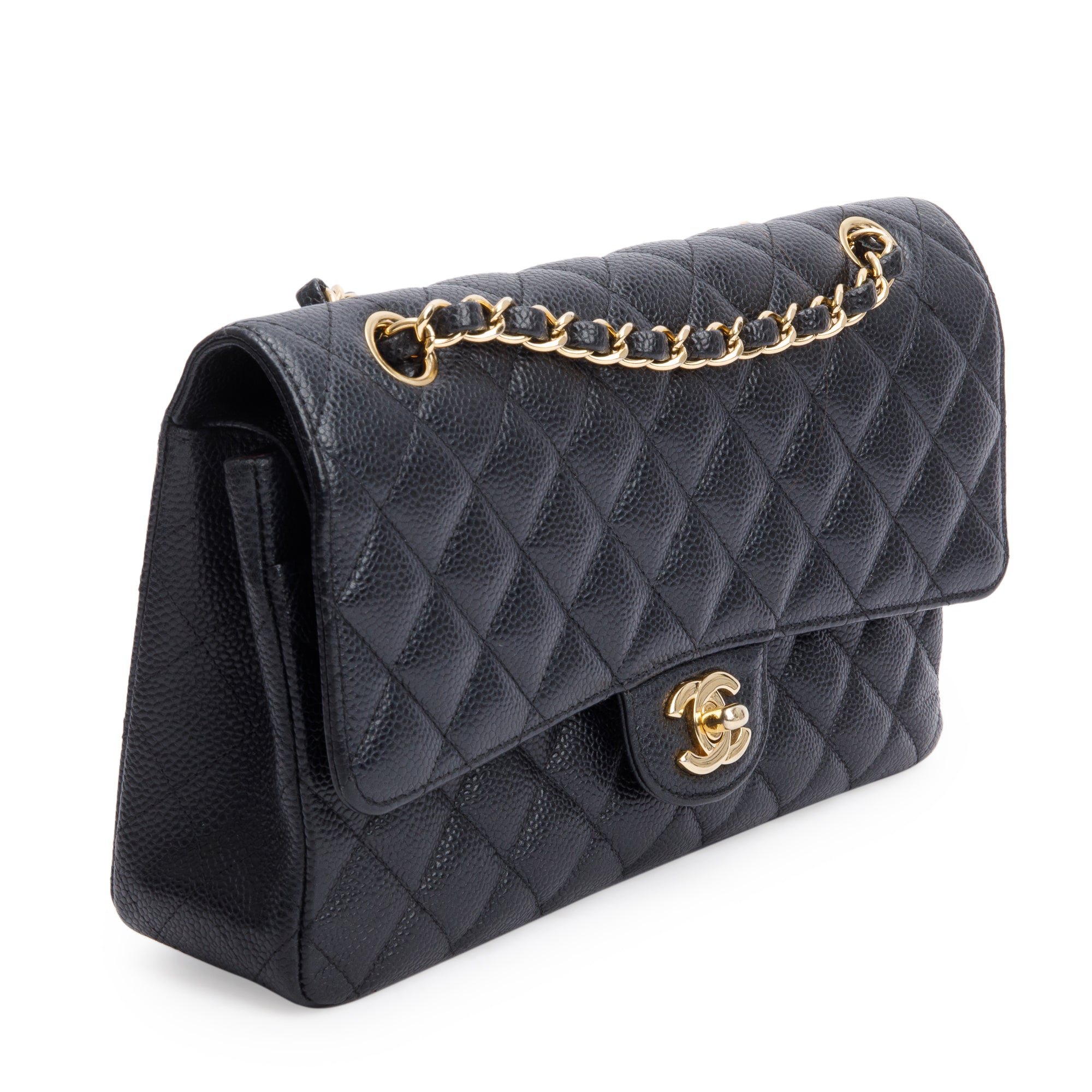 Chanel Black Quilted Caviar Leather Classic Medium Double Flap Bag w/ Box & Authenticity Card
