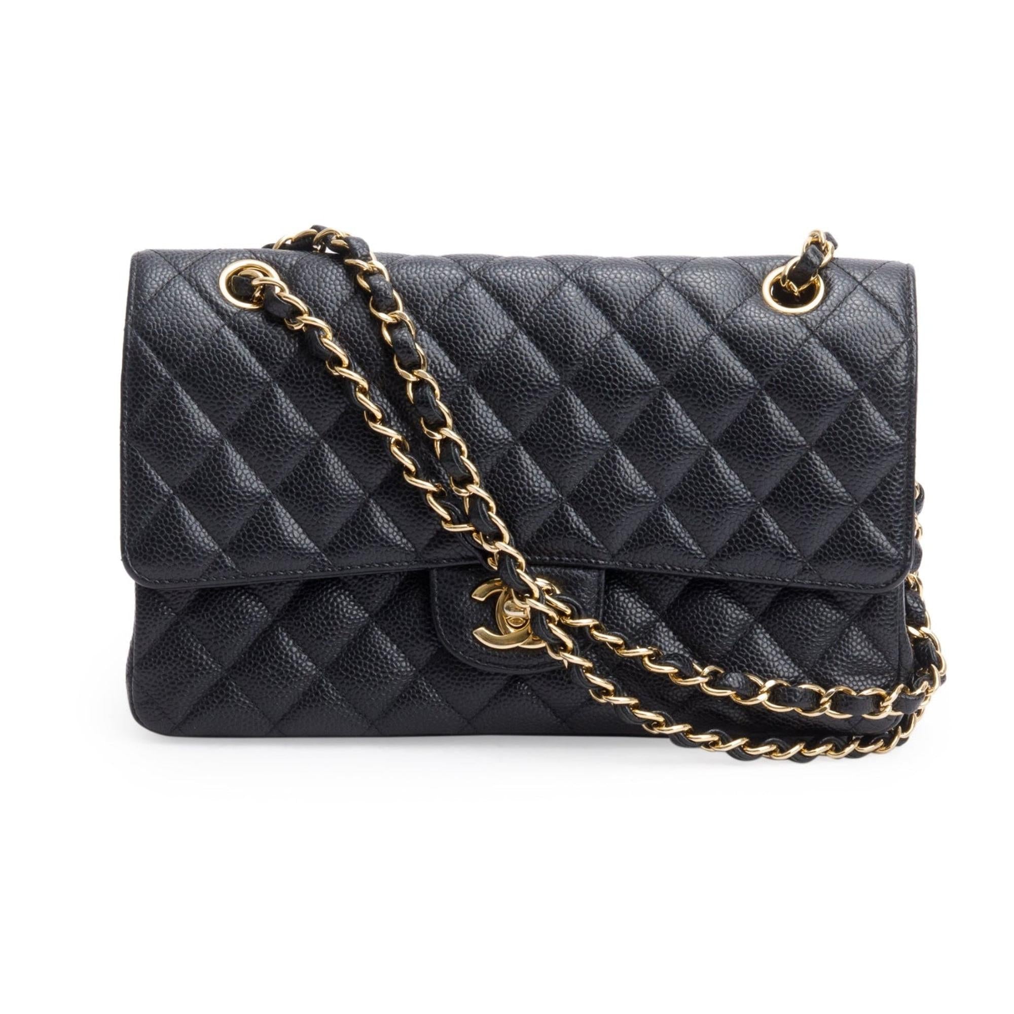 Chanel Black Quilted Caviar Leather Classic Medium Double Flap Bag w/ Box & Authenticity Card