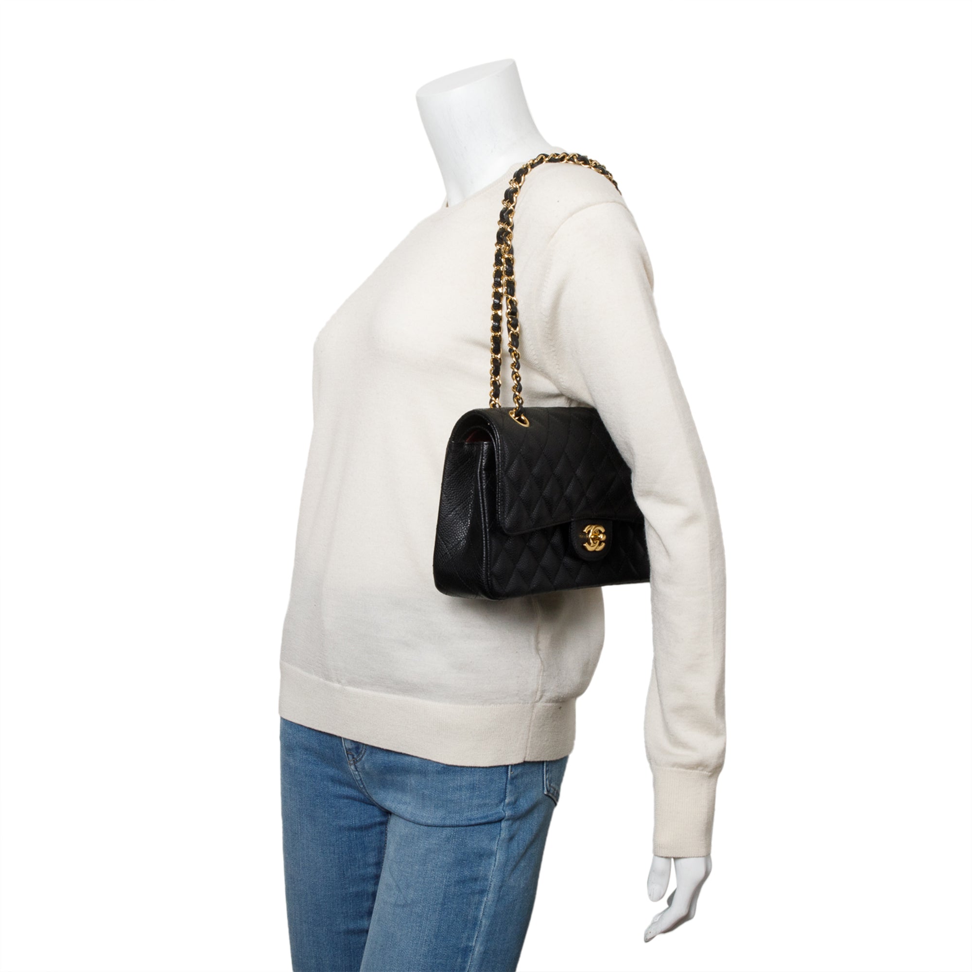 Chanel Black Quilted Caviar Leather Classic Medium Double Flap Bag w/ Box, Receipt & Authenticity Card
