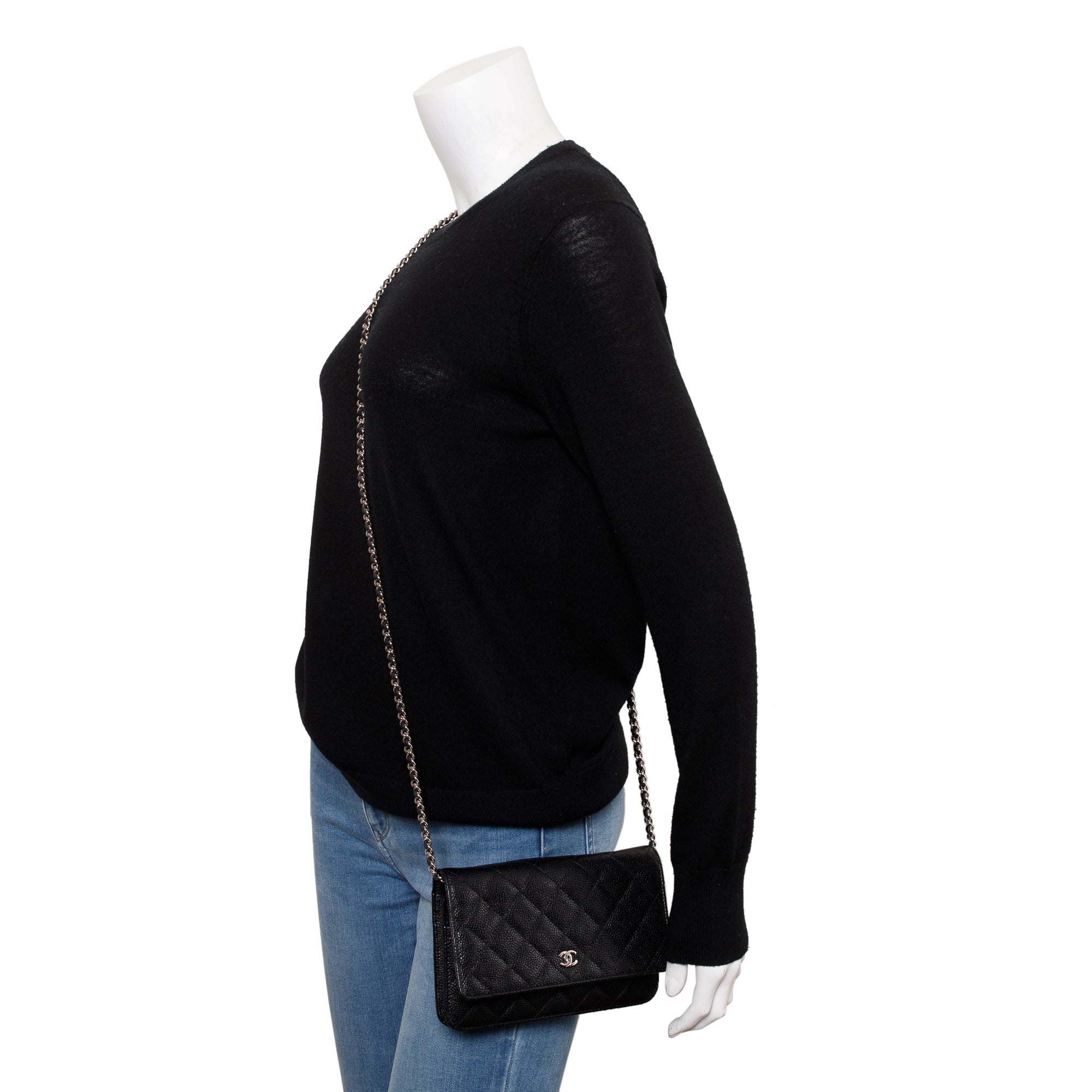 Chanel Black Quilted Caviar Leather Classic Wallet on Chain w/ Box, Receipt & Authenticity Card