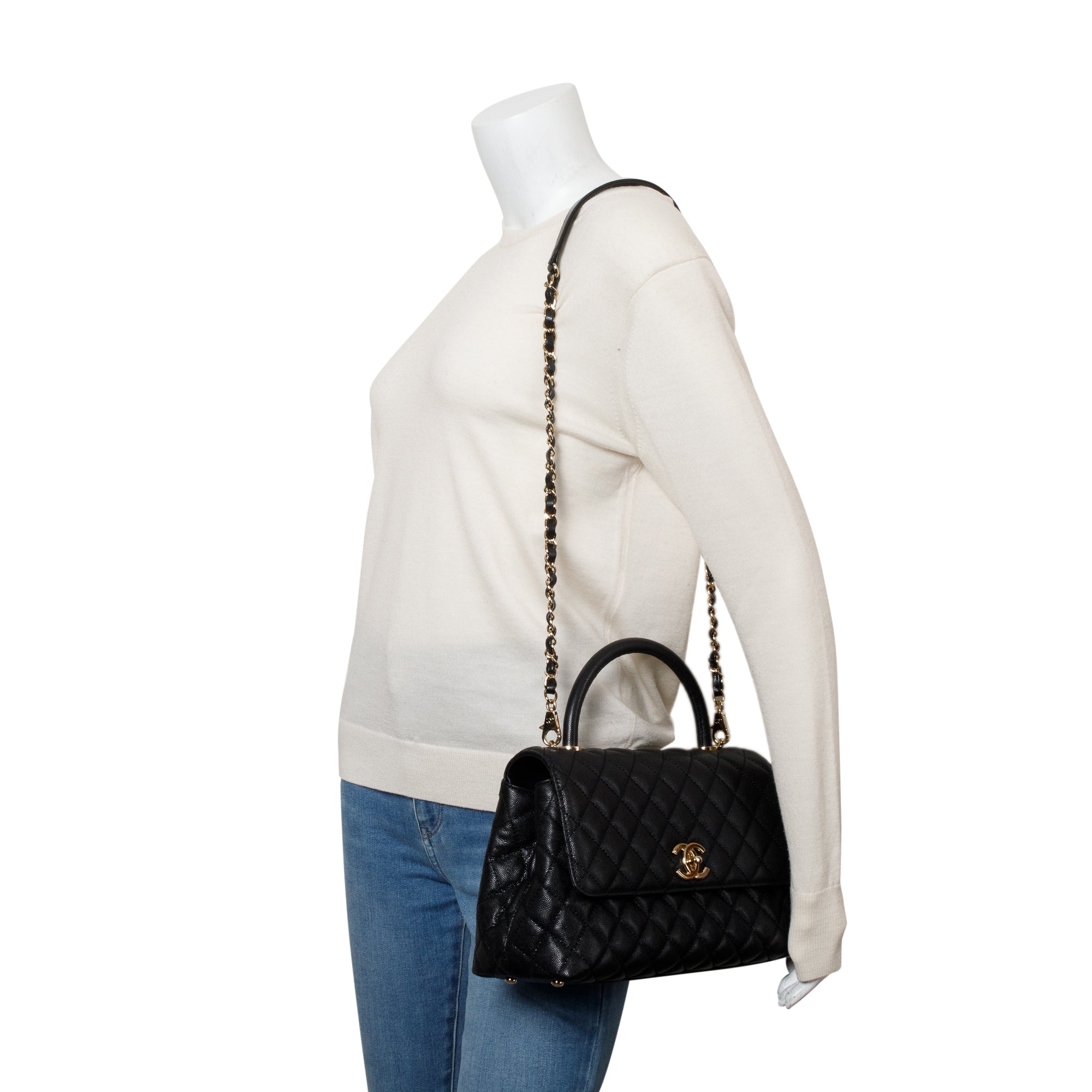Chanel Black Quilted Caviar Leather Large Flap Top Handle Bag w/ Strap