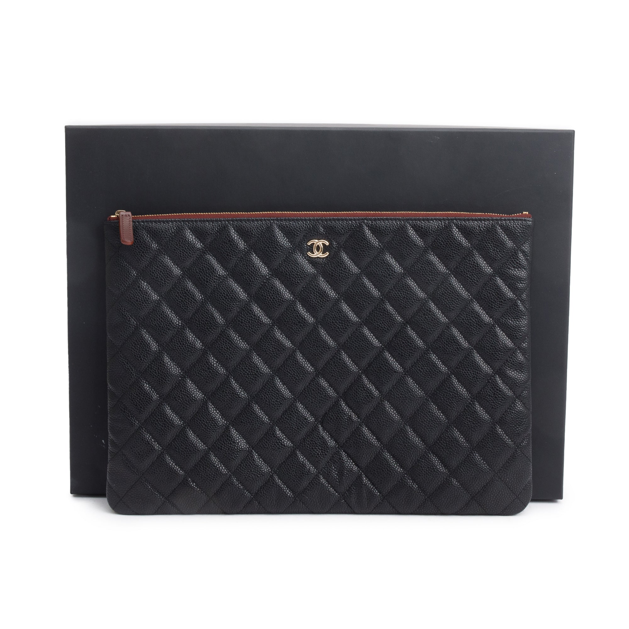 Chanel Black Quilted Caviar Leather Large O-Case Clutch w/ Box & Authenticity Card