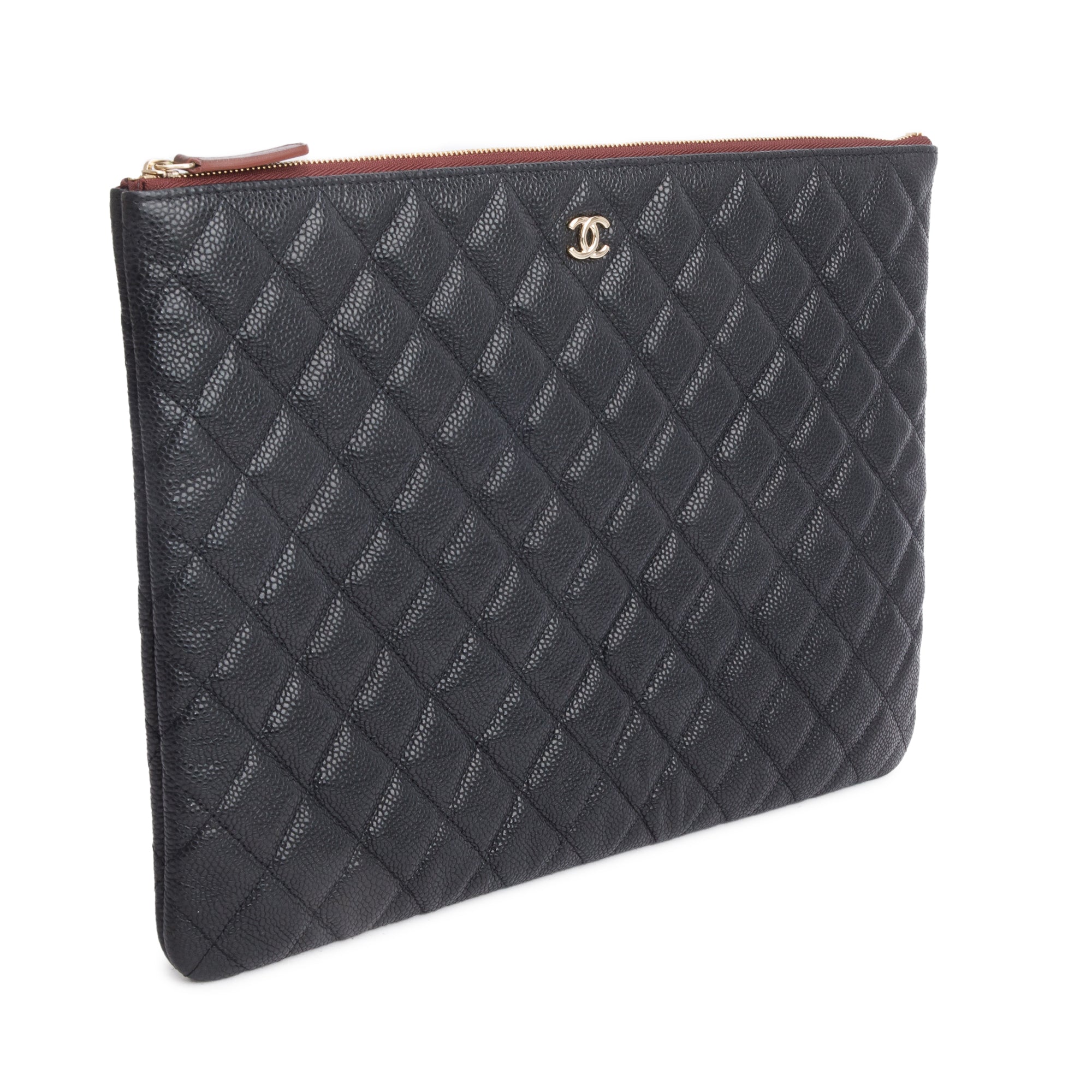 Chanel Black Quilted Caviar Leather Large O-Case Clutch w/ Box & Authenticity Card