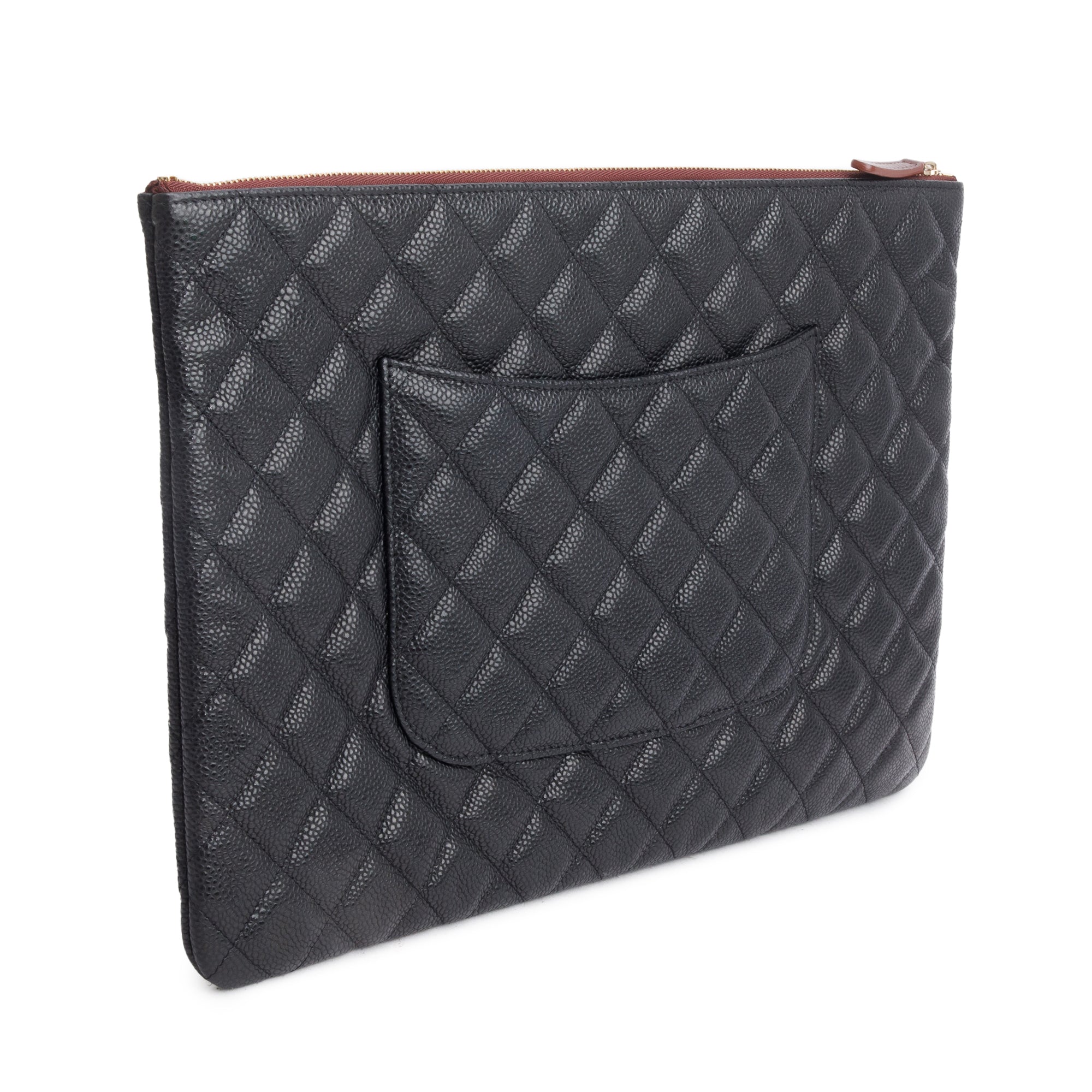 Chanel Black Quilted Caviar Leather Large O-Case Clutch w/ Box & Authenticity Card