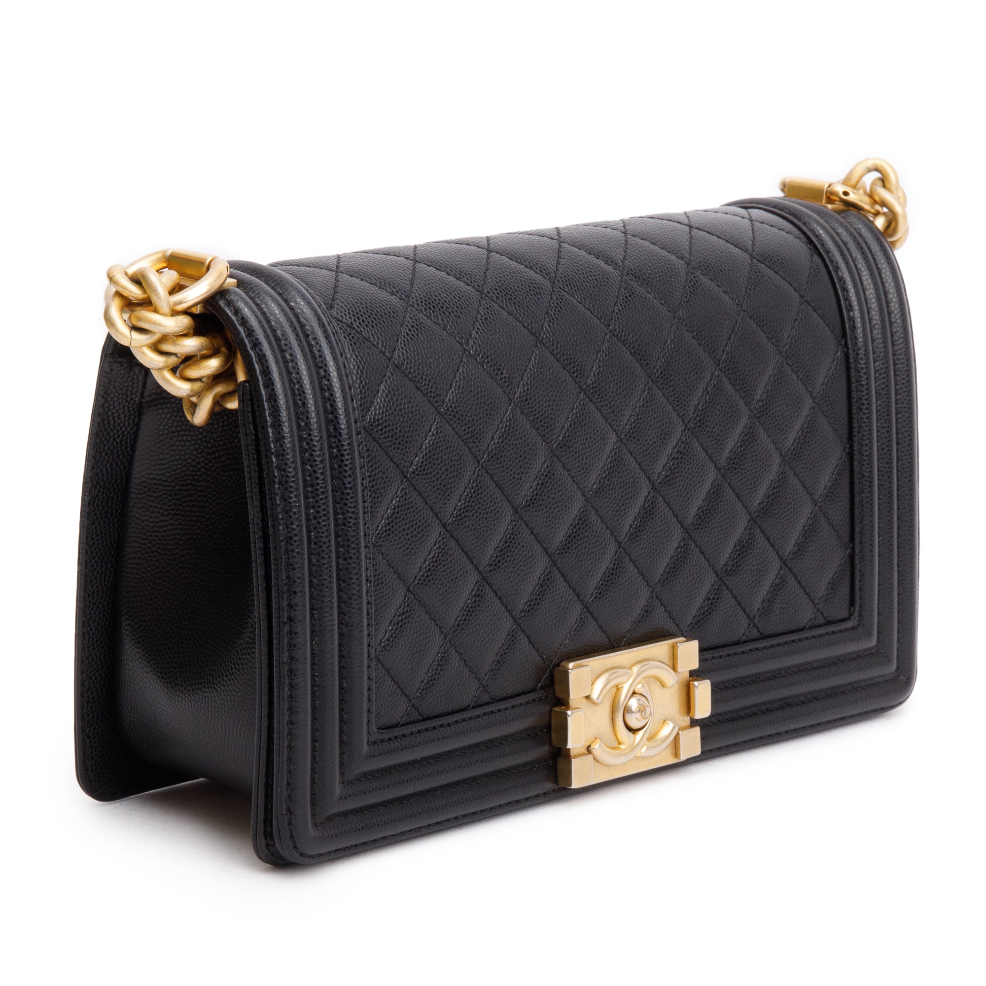 Chanel Black Quilted Caviar Leather Medium Boy Bag w/ Box