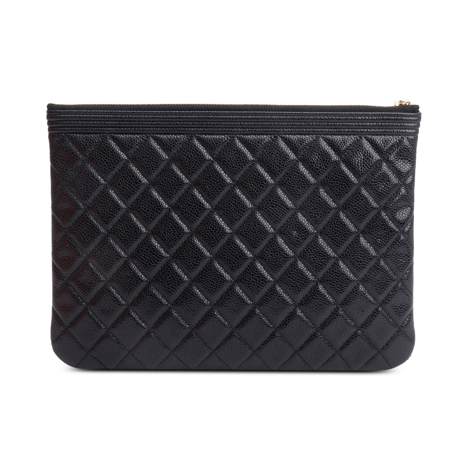 Chanel Black Quilted Caviar Leather Medium Boy O-Case Clutch w/ Box & Authenticity Card