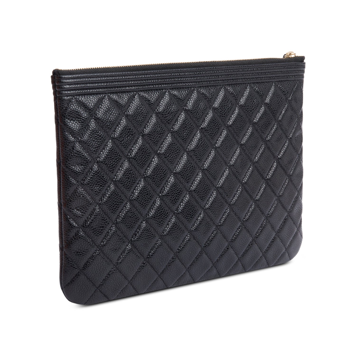 Chanel Black Quilted Caviar Leather Medium Boy O-Case Clutch w/ Box & Authenticity Card