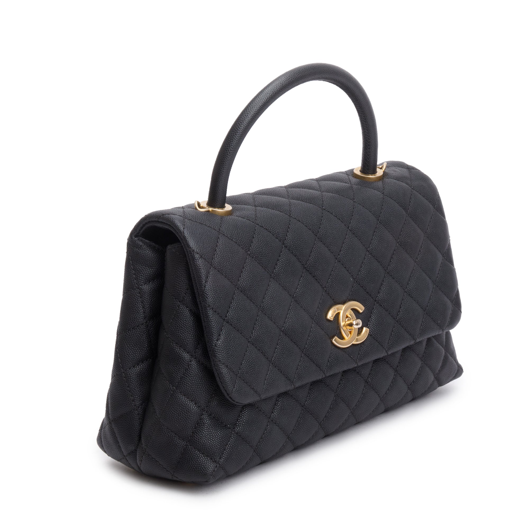 Chanel Black Quilted Caviar Leather Medium Coco Handle Bag w/ Strap, Receipt & Authenticity Card