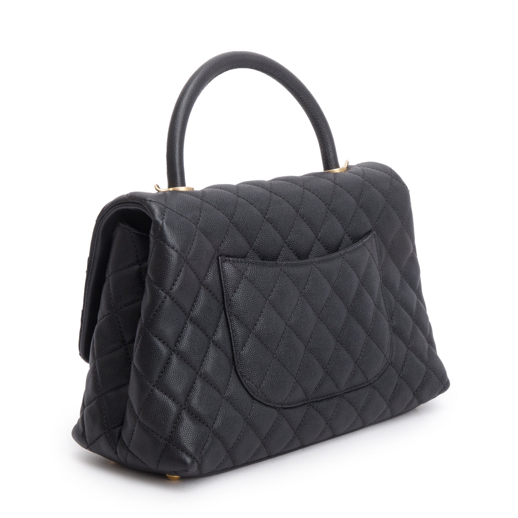 Chanel Black Quilted Caviar Leather Medium Coco Handle Bag w/ Strap, Receipt & Authenticity Card