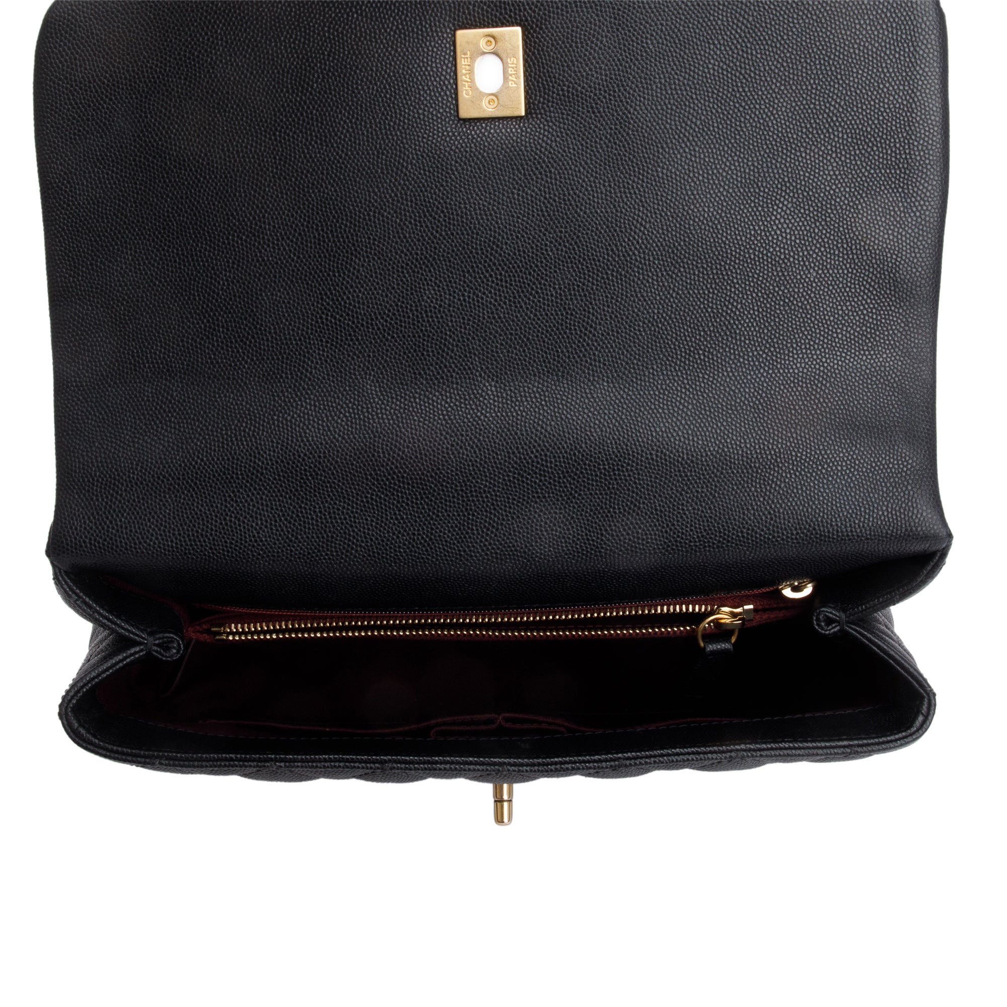 Chanel Black Quilted Caviar Leather Medium Coco Handle Bag w/ Strap, Receipt & Authenticity Card