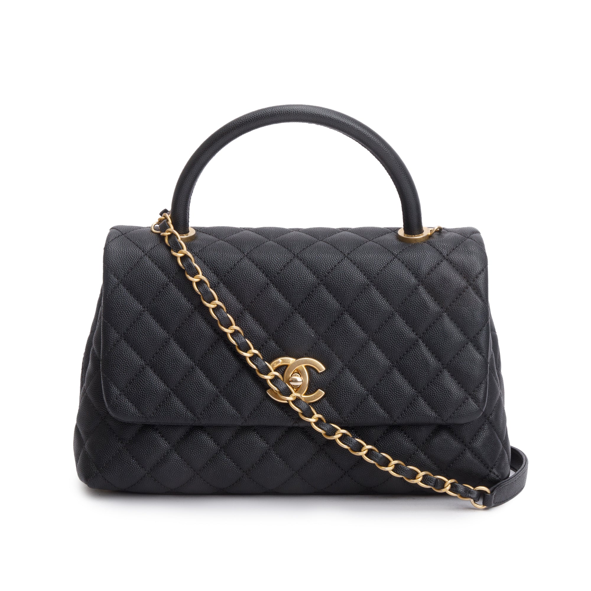 Chanel Black Quilted Caviar Leather Medium Coco Handle Bag w/ Strap, Receipt & Authenticity Card