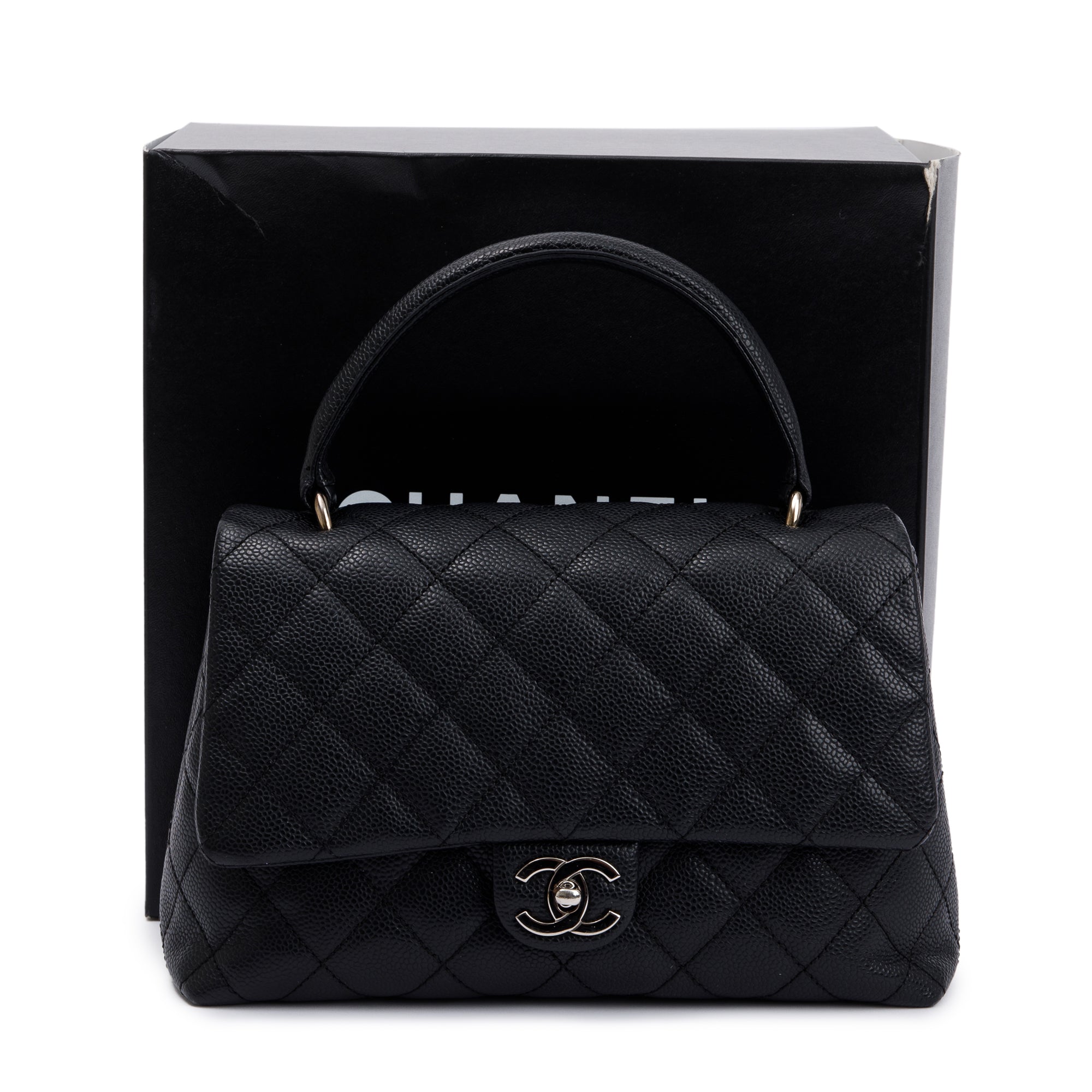 Chanel Black Quilted Caviar Leather Medium Kelly Top Handle Bag w/ Box