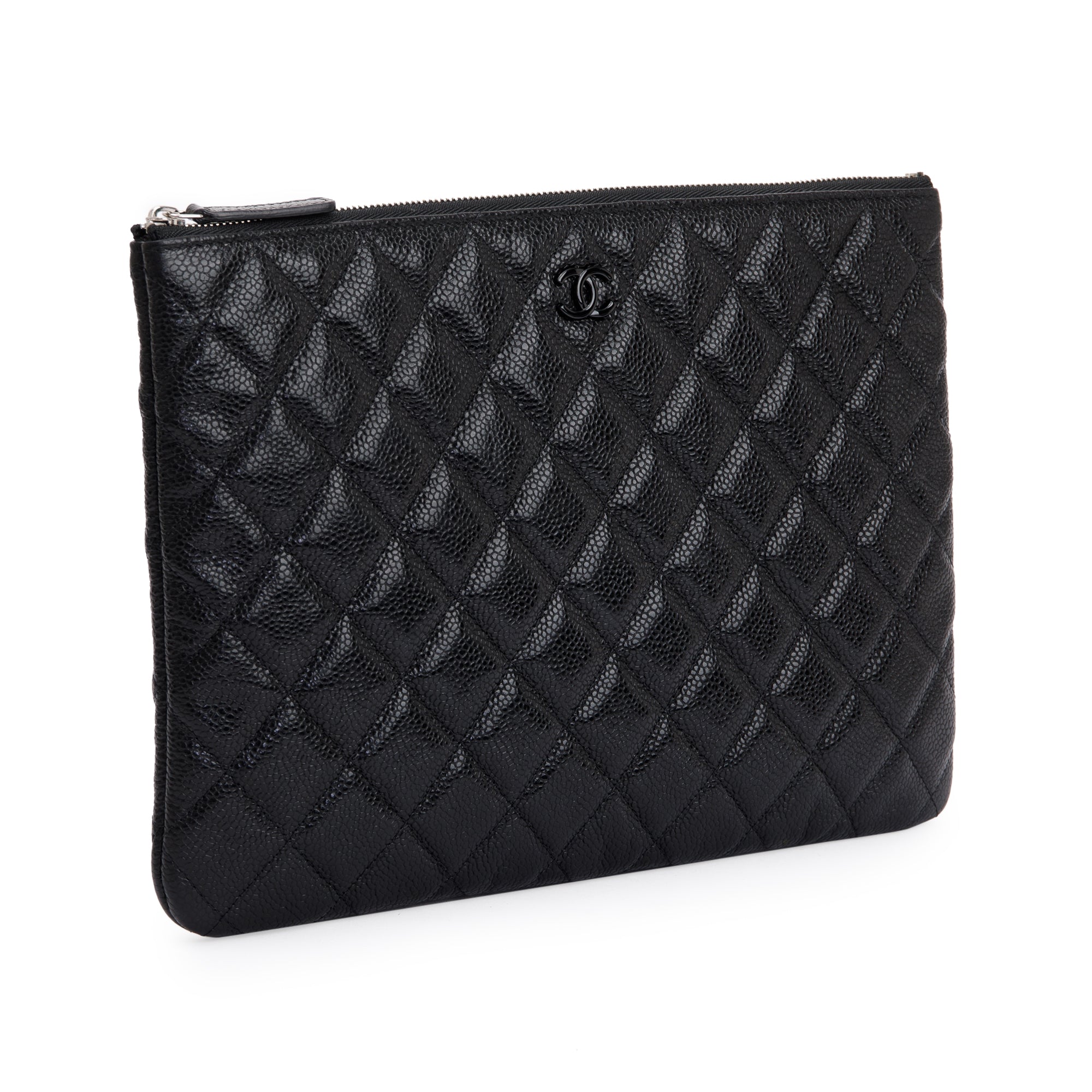 Chanel Black Quilted Caviar Leather Medium O-Case Clutch w/ Box & Authenticity Card