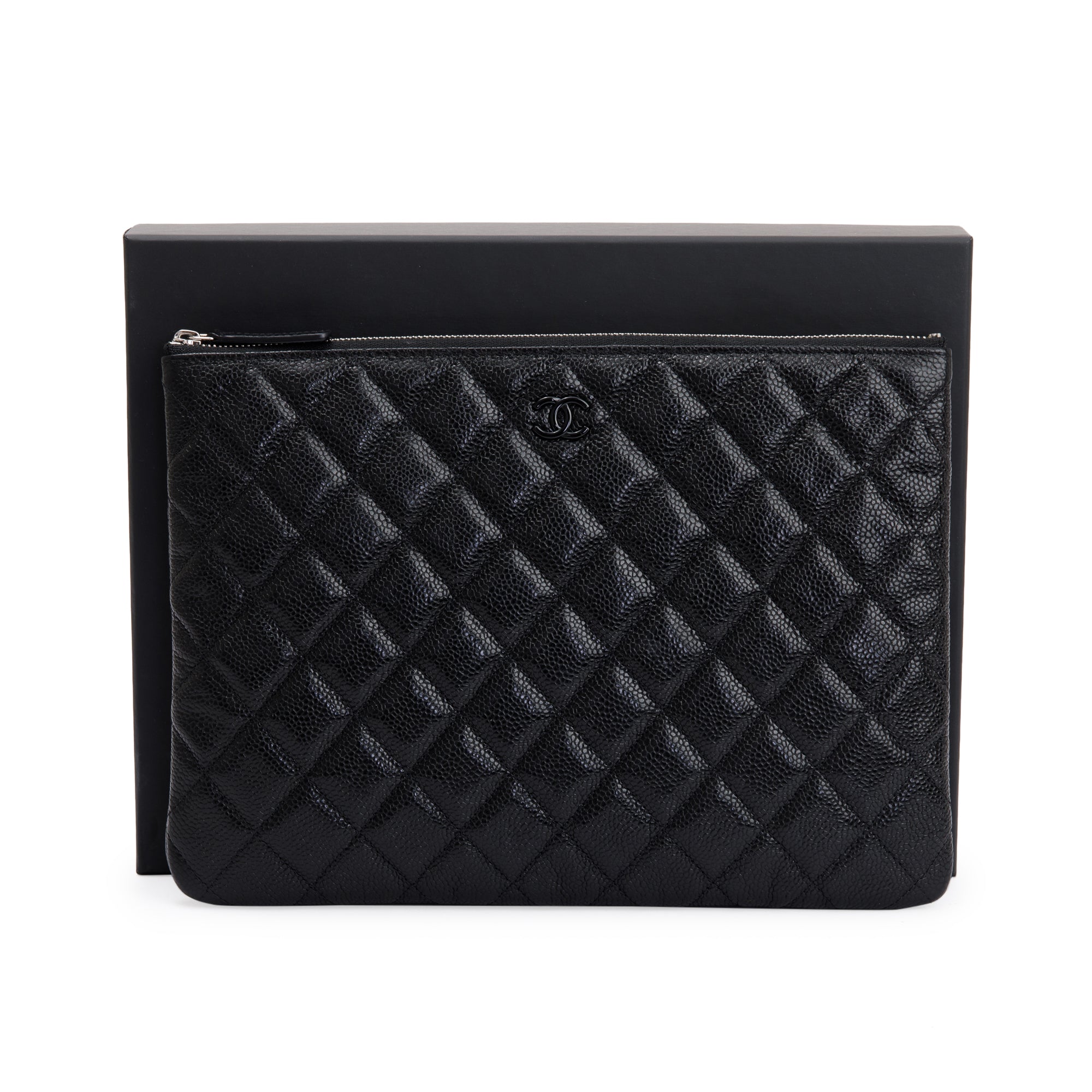 Chanel Black Quilted Caviar Leather Medium O-Case Clutch w/ Box & Authenticity Card