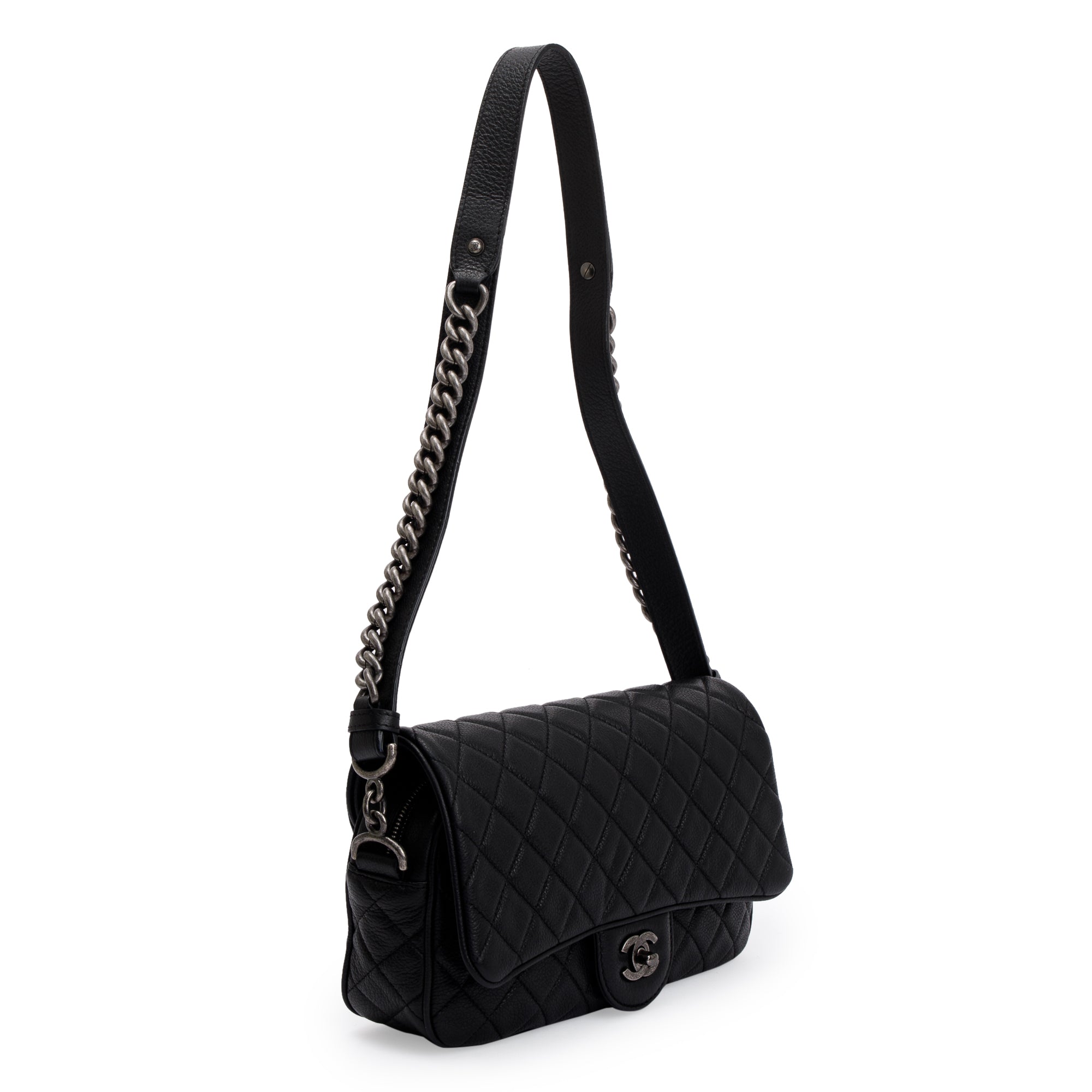 Chanel Black Quilted Caviar Leather Small Casual Rock Flap Bag w/ Box & Authenticity Card