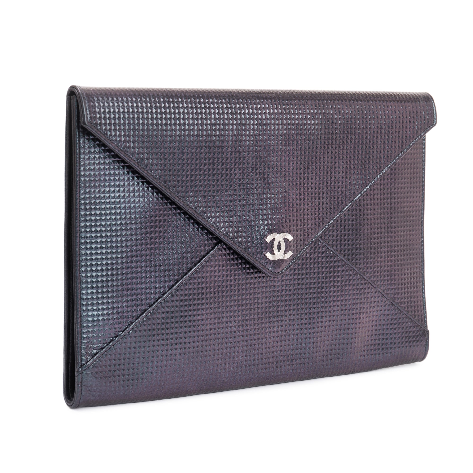 Chanel Black Quilted Holographic Patent Leather Envelope Clutch w/ Authenticity Card