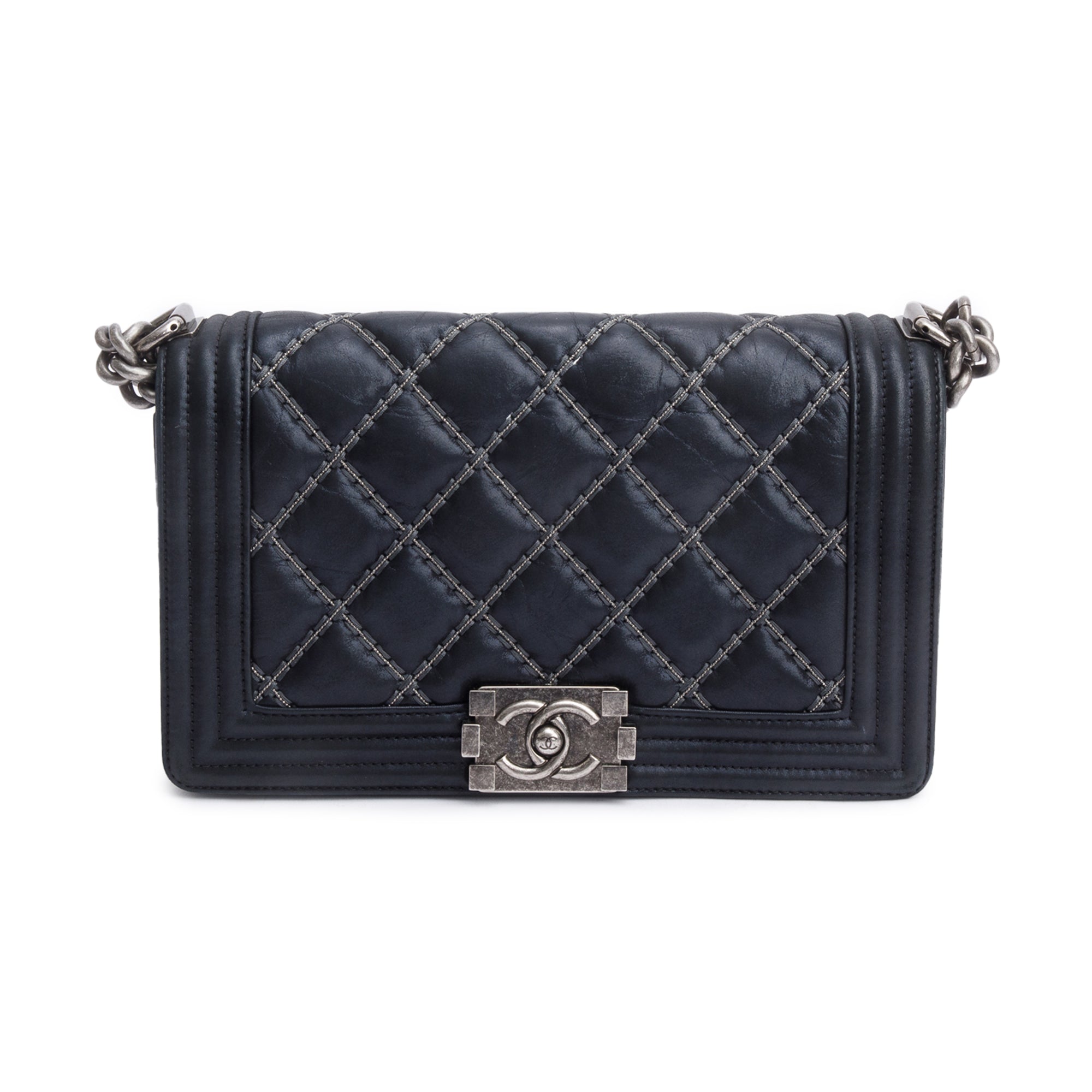 Chanel Black Quilted Iridescent Calfskin Leather Medium Beaded Double Stitch Boy Bag