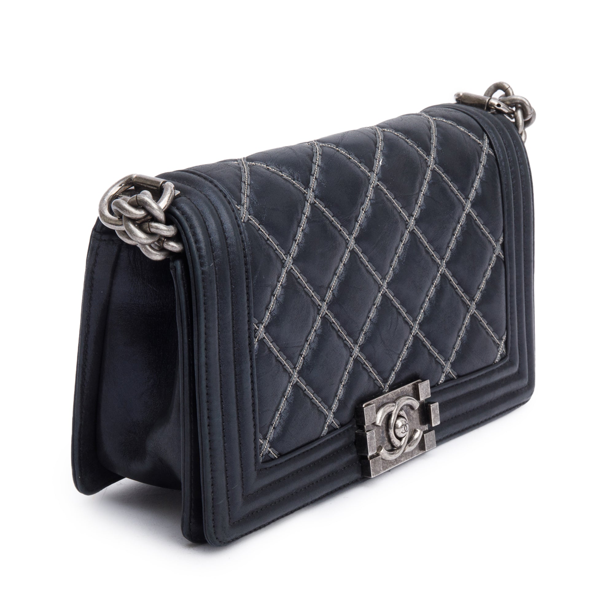 Chanel Black Quilted Iridescent Calfskin Leather Medium Beaded Double Stitch Boy Bag