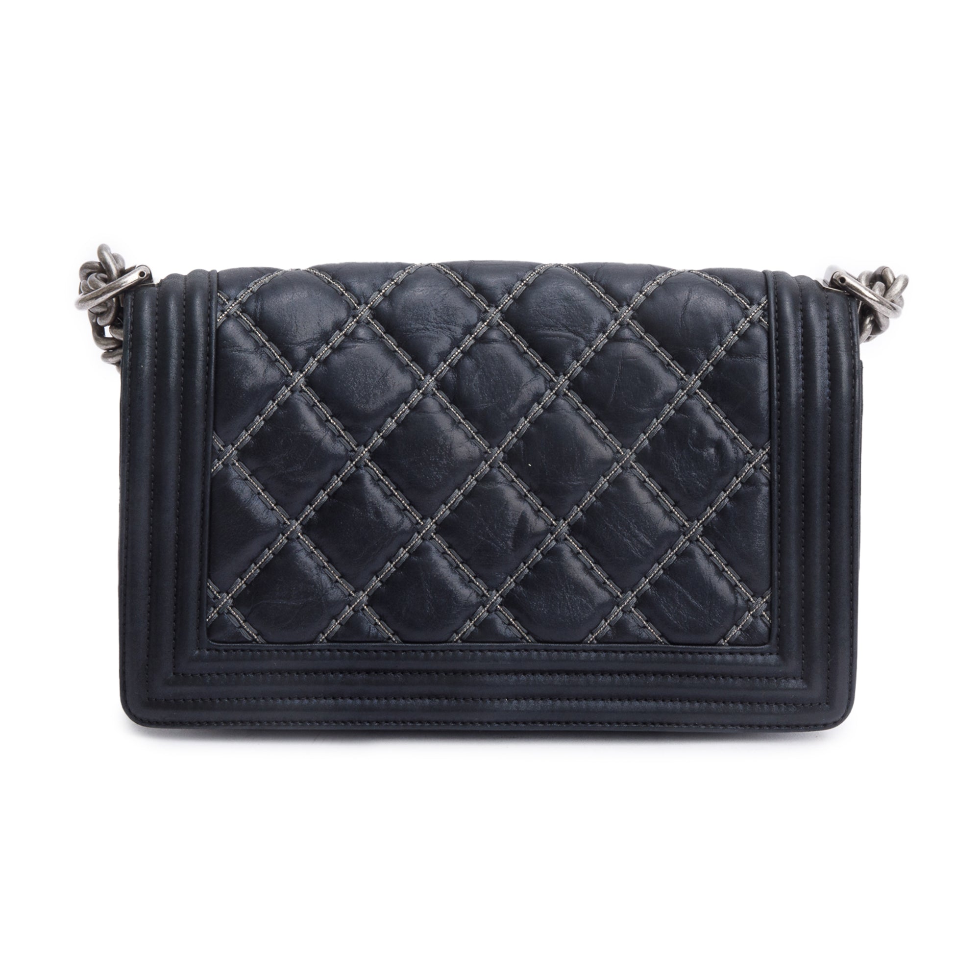 Chanel Black Quilted Iridescent Calfskin Leather Medium Beaded Double Stitch Boy Bag