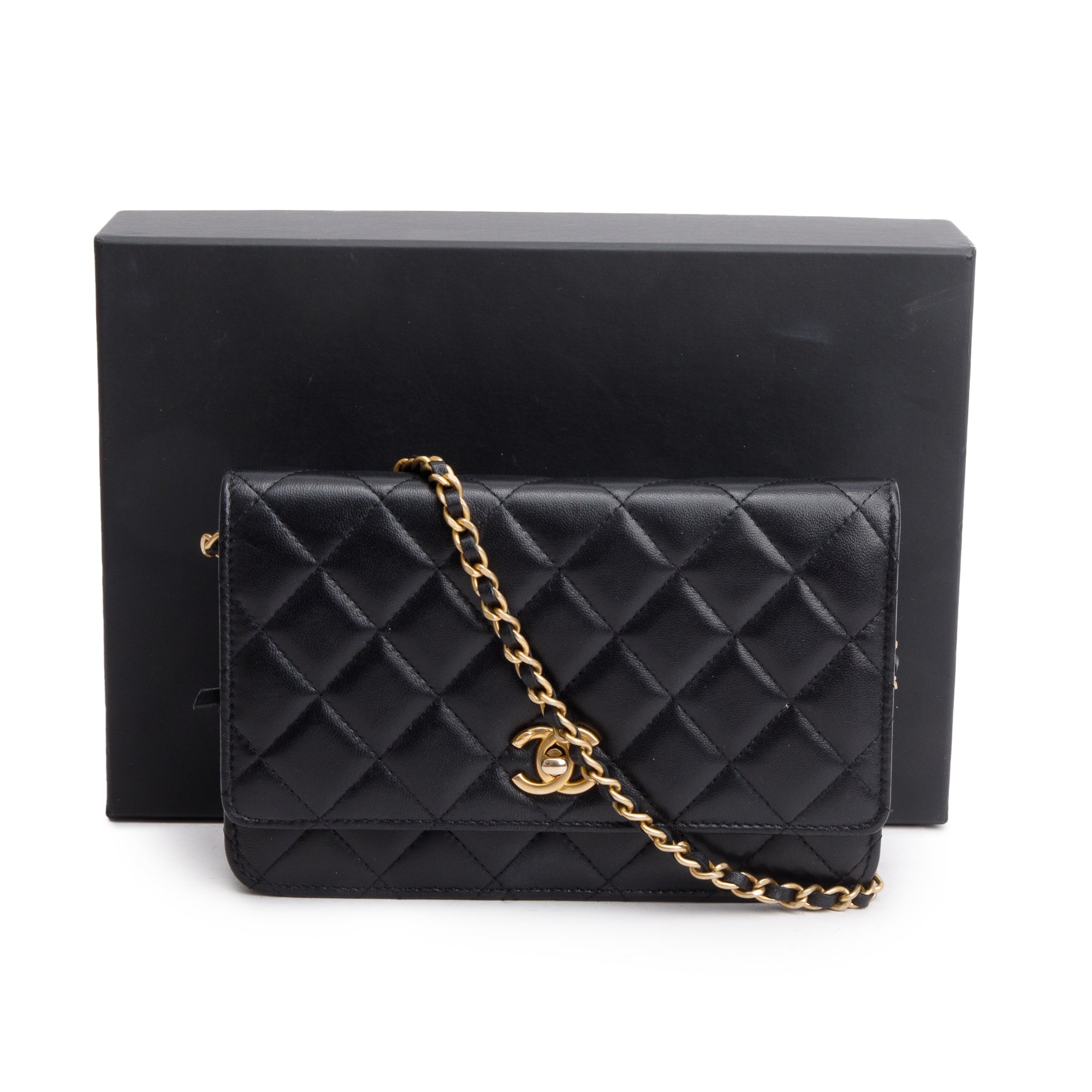 Chanel Black Quilted Lambskin Leather CC Coco Crush Classic Wallet on Chain w/ Box & Authenticity Card