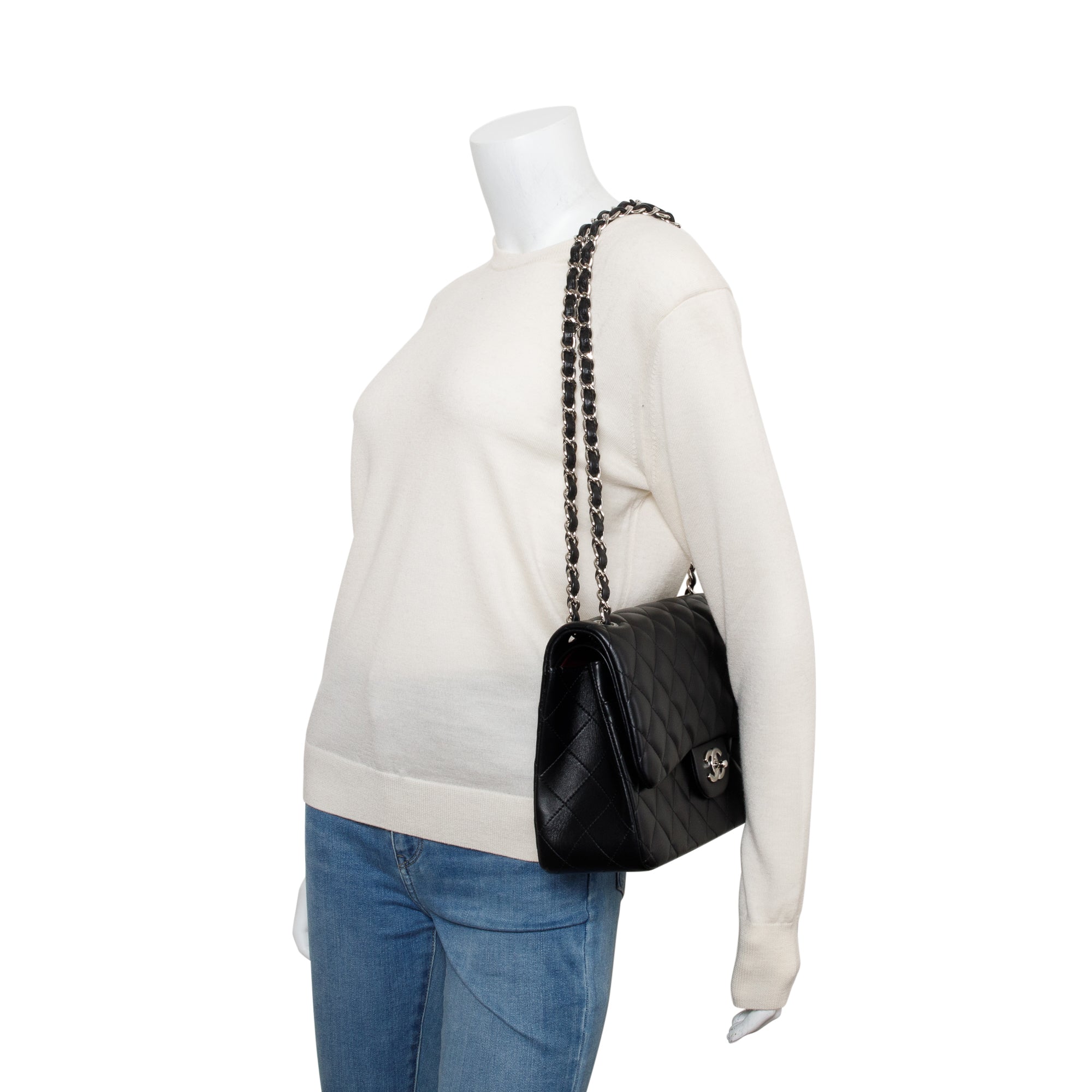 Chanel Black Quilted Lambskin Leather Classic Jumbo Double Flap Bag w/ Authenticity Card