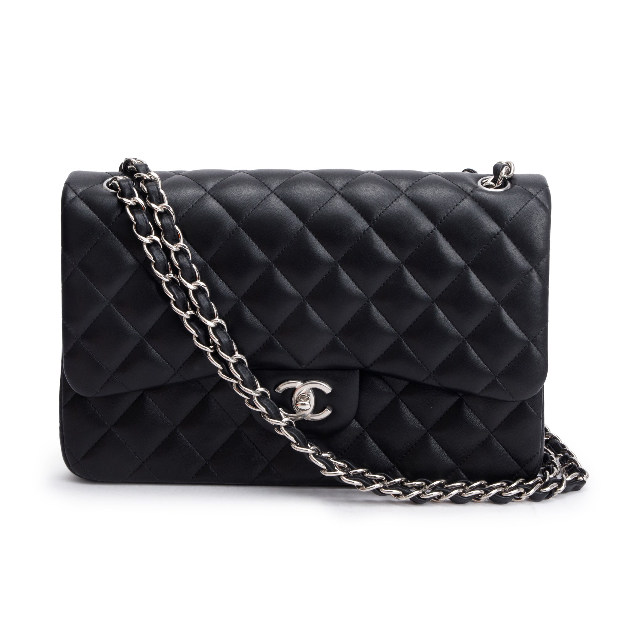 Chanel Black Quilted Lambskin Leather Classic Jumbo Double Flap Bag w/ Authenticity Card
