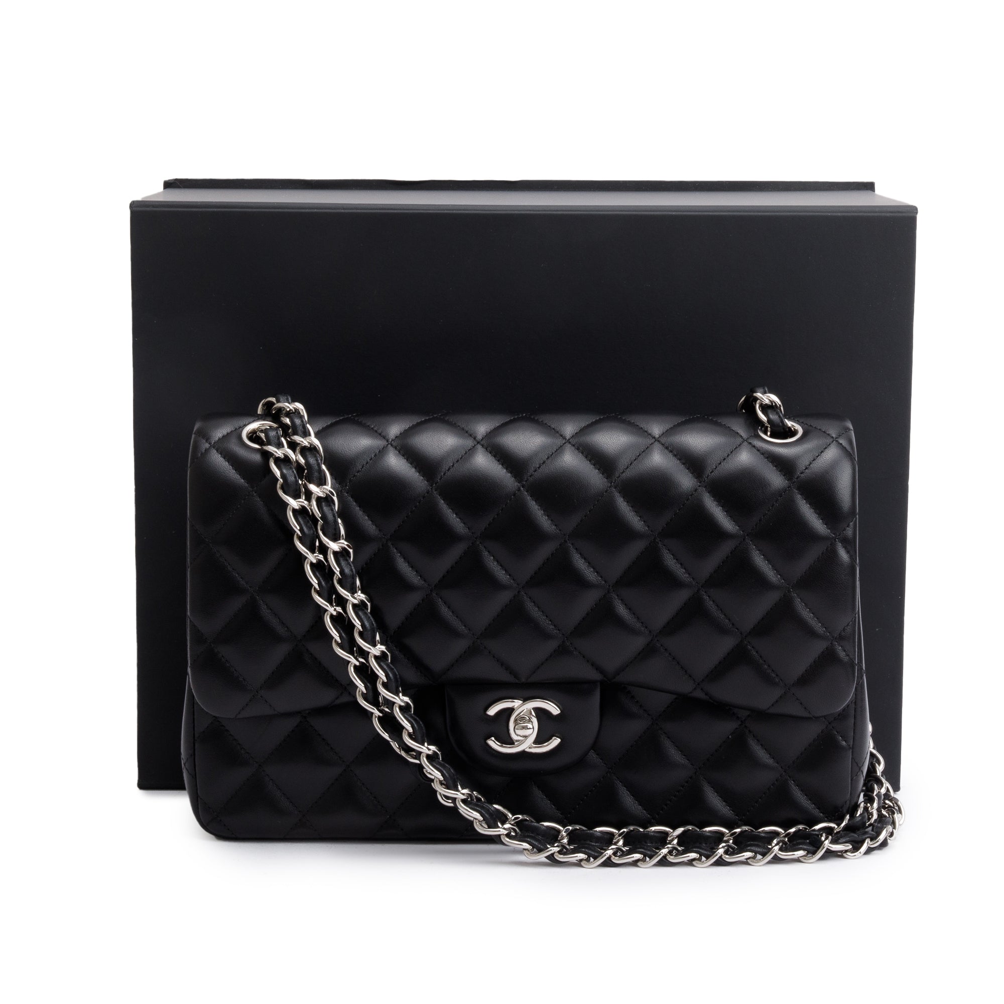 Chanel Black Quilted Lambskin Leather Classic Jumbo Double Flap Bag w/ Box & Authenticity Card